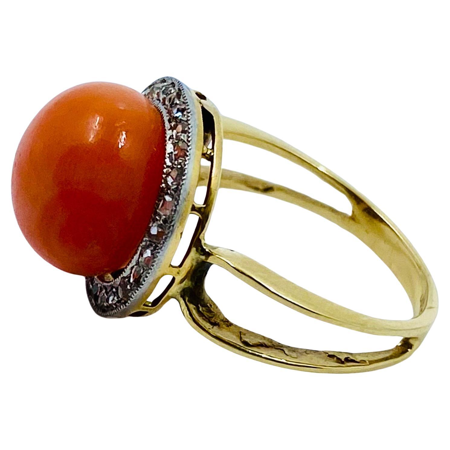 Anillo Coral Vintage Diamante Oro 14k en venta 1