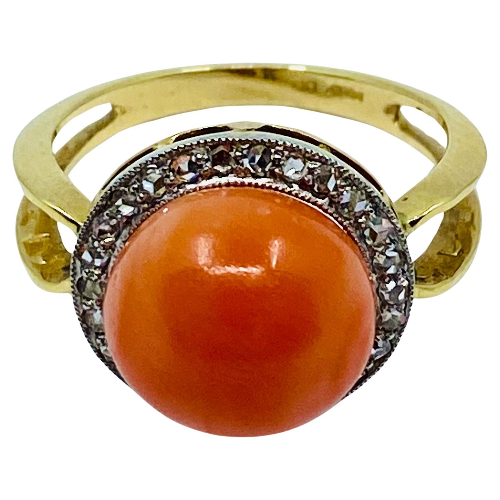 Anillo Coral Vintage Diamante Oro 14k en venta 2