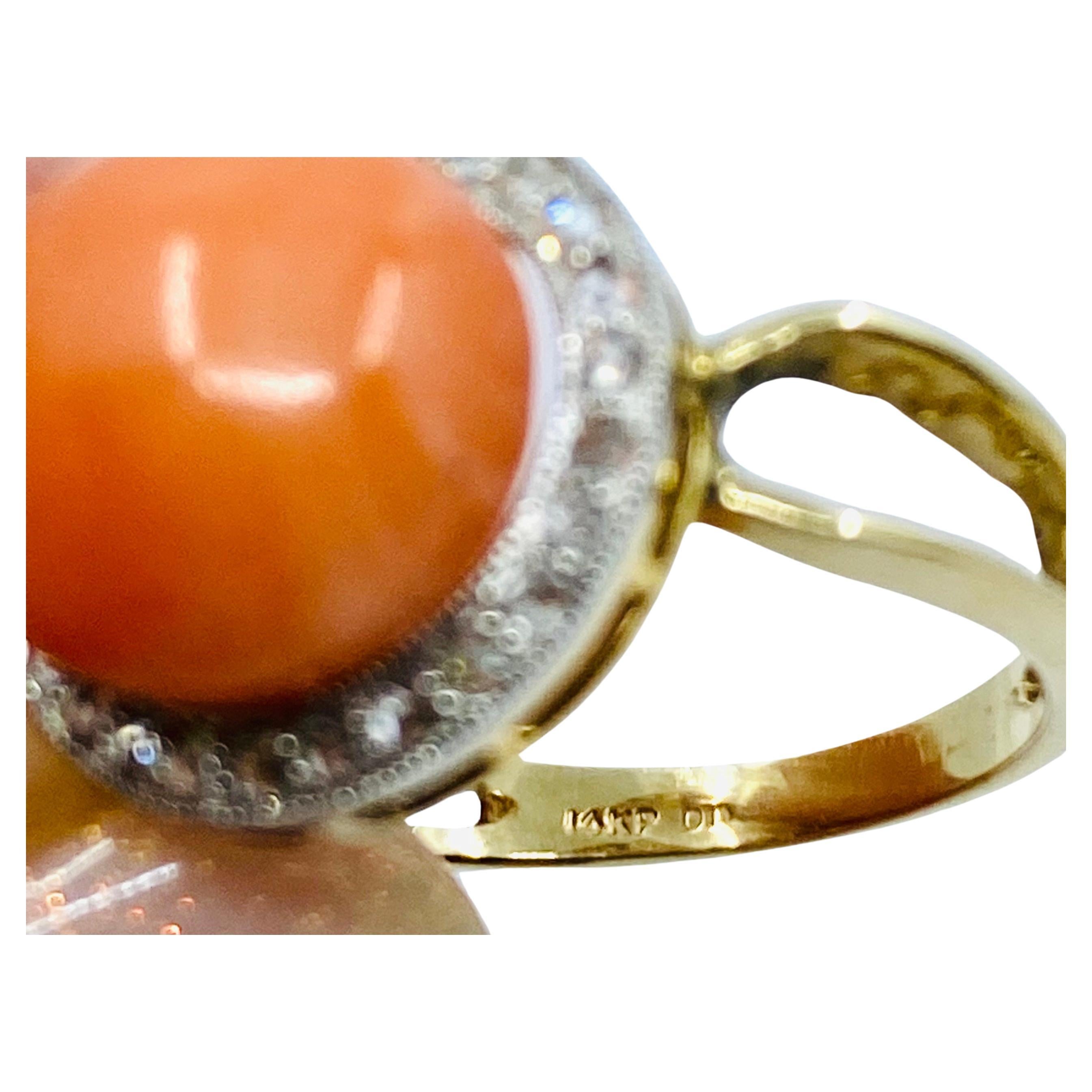Anillo Coral Vintage Diamante Oro 14k en venta 3