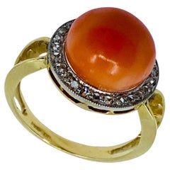 Vintage Coral Ring Diamond 14k Gold