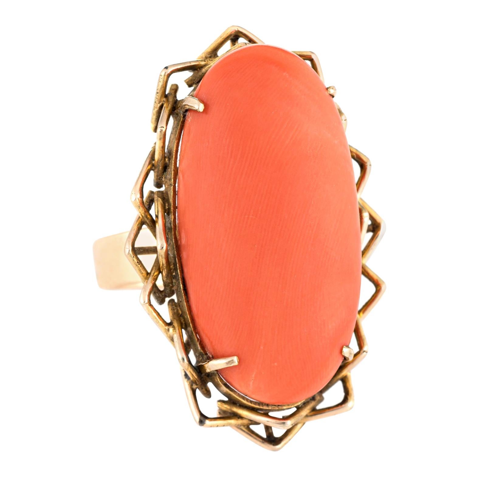 Vintage Coral Ring Large Oval Cocktail 18 Karat Yellow Gold Estate Fine Jewelry