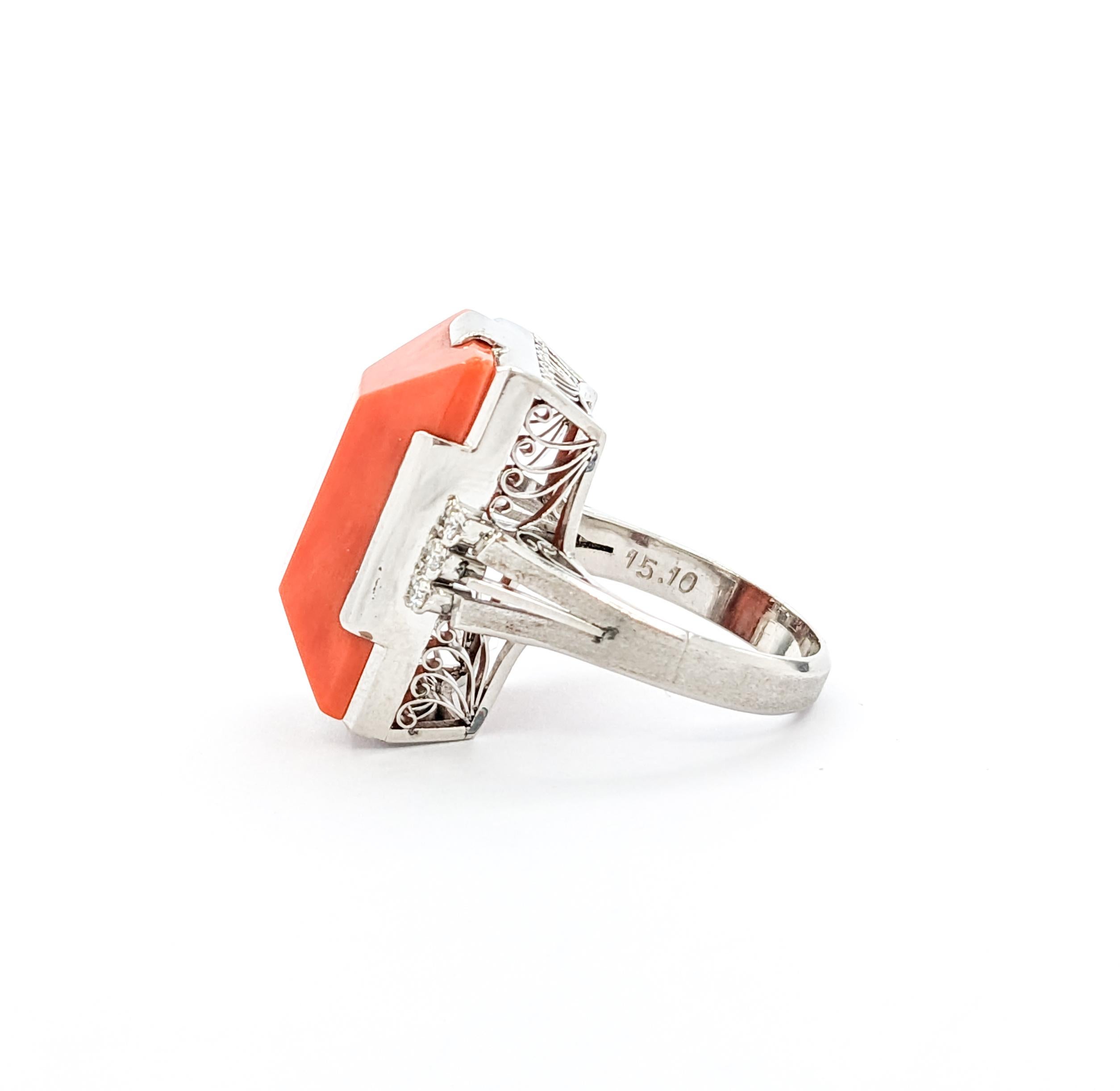 Vintage Koralle Ring mit Diamanten in Platin im Angebot 4