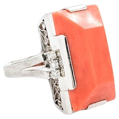 Vintage Coral Ring with Diamonds In Platinum