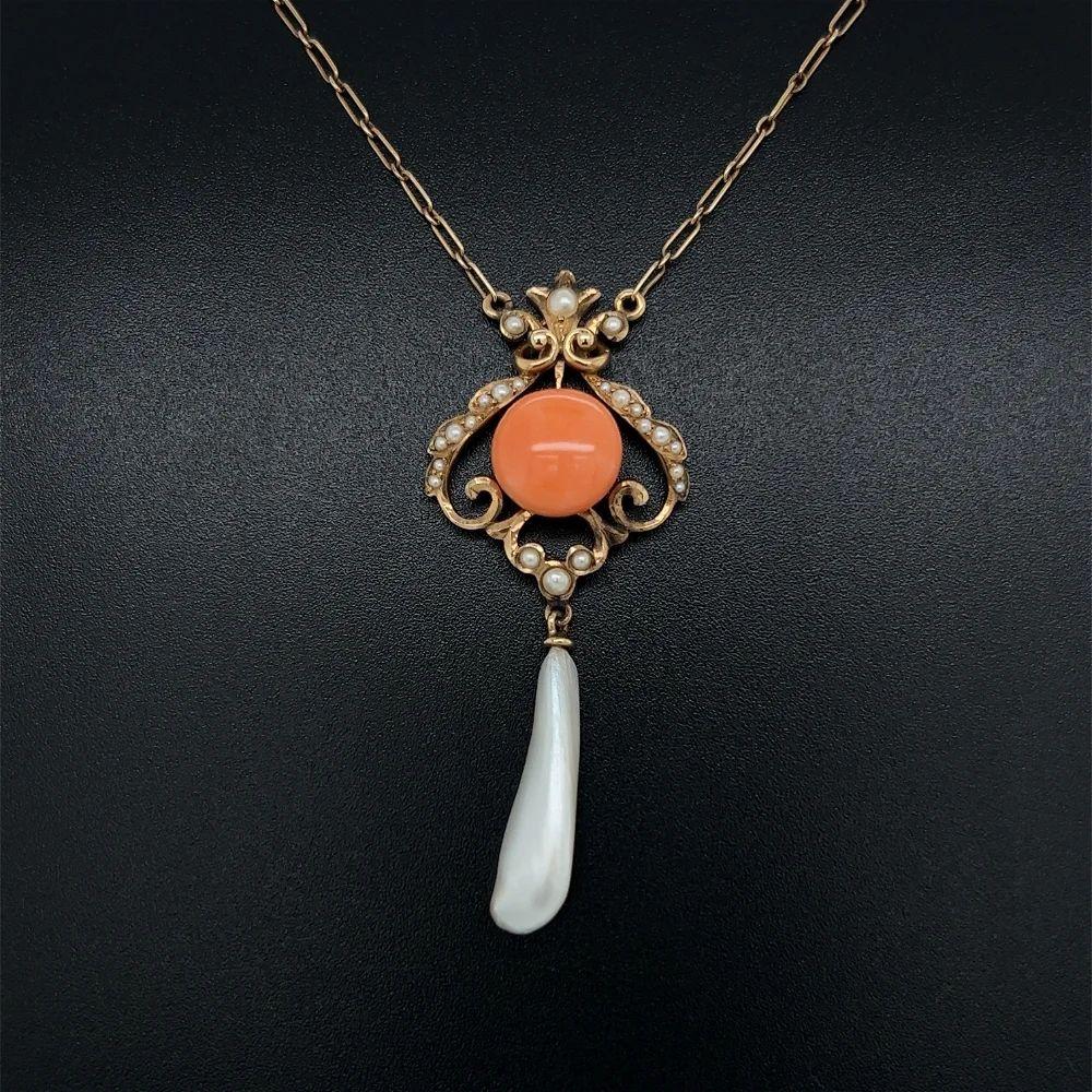 Mixed Cut Vintage Coral Seed Pearl and Pearl Drop Victorian Gold Pendant Necklace For Sale