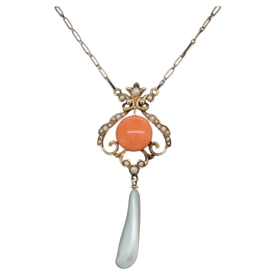 Vintage Coral Seed Pearl and Pearl Drop Victorian Gold Pendant Necklace For Sale