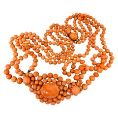 Vintage Coral Three Strand 14 Karat Yellow Gold Necklace