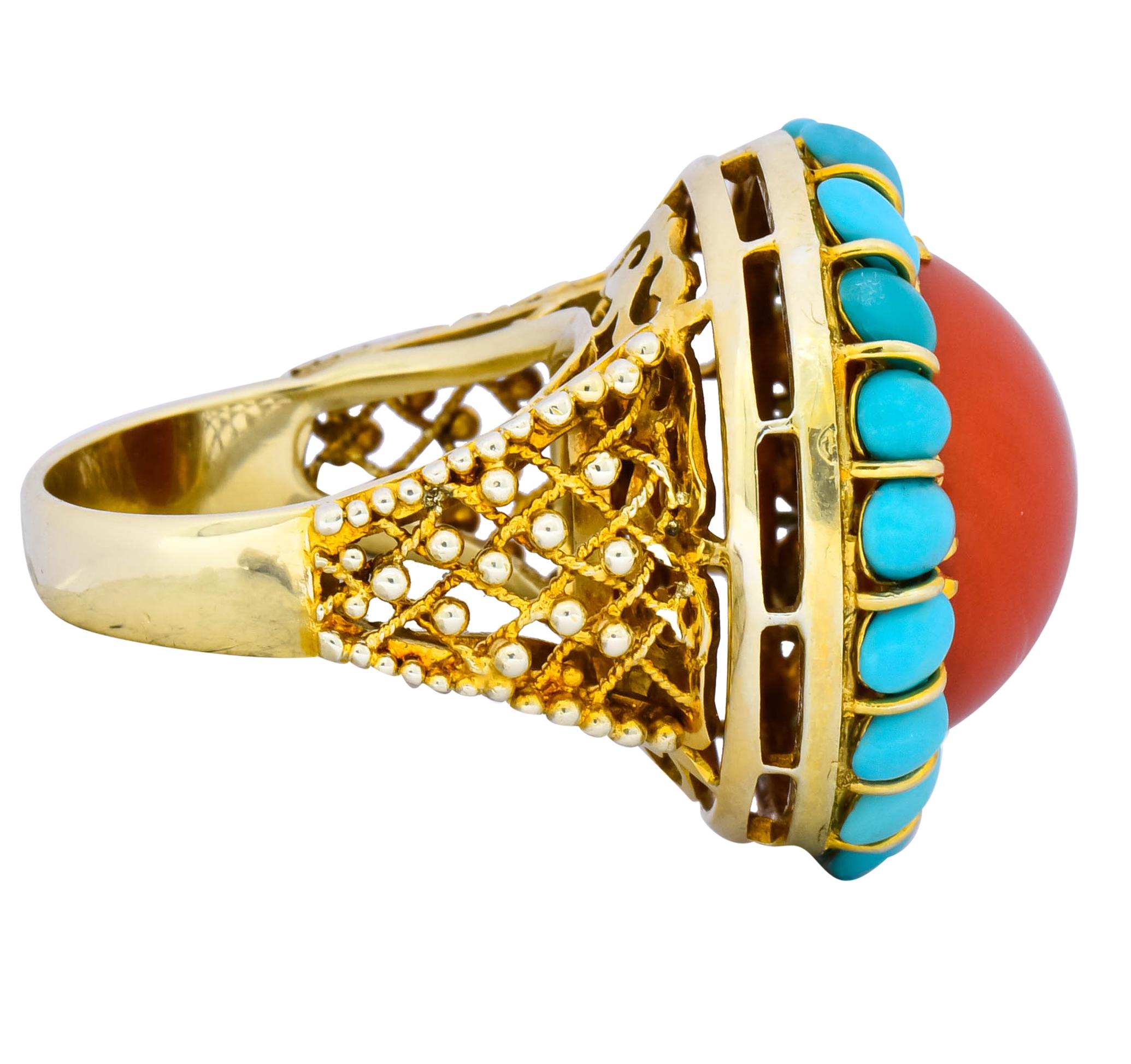 Contemporary Vintage Coral Turquoise 14 Karat Gold Cluster Ring, circa 1960