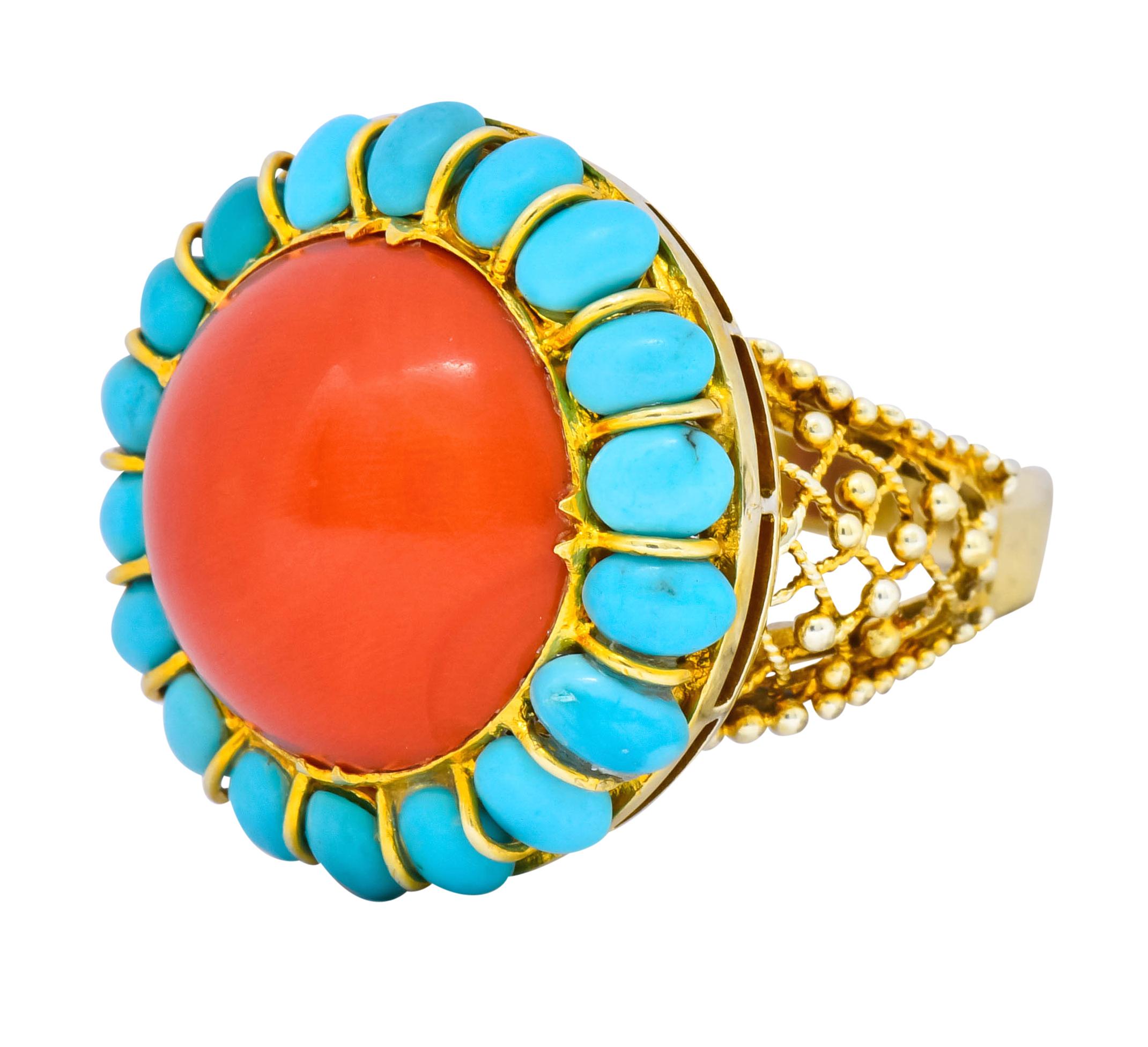 Vintage Coral Turquoise 14 Karat Gold Cluster Ring, circa 1960 In Excellent Condition In Philadelphia, PA