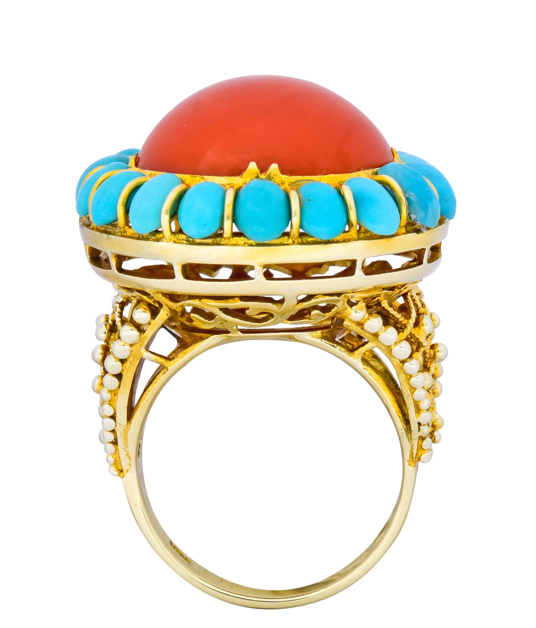 Vintage Coral Turquoise 14 Karat Gold Cluster Ring, circa 1960 3