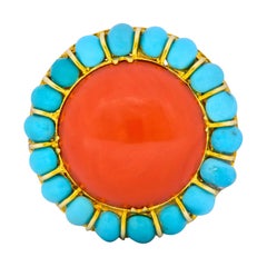 Vintage Coral Turquoise 14 Karat Gold Cluster Ring, circa 1960