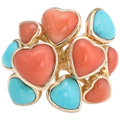 Vintage Coral Turquoise Ring 14 Karat Yellow Gold Cocktail Multi Hearts Jewelry