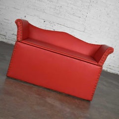 Vintage Coral Vinyl Faux Leather Cedar Lined Storage Bench Settee Nailhead Trim