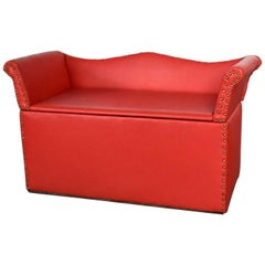 Vintage Coral Vinyl Faux Leather Cedar Lined Storage Bench Settee Nailhead Trim