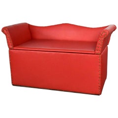 Used Coral Vinyl Faux Leather Cedar Lined Storage Bench Settee Nailhead Trim