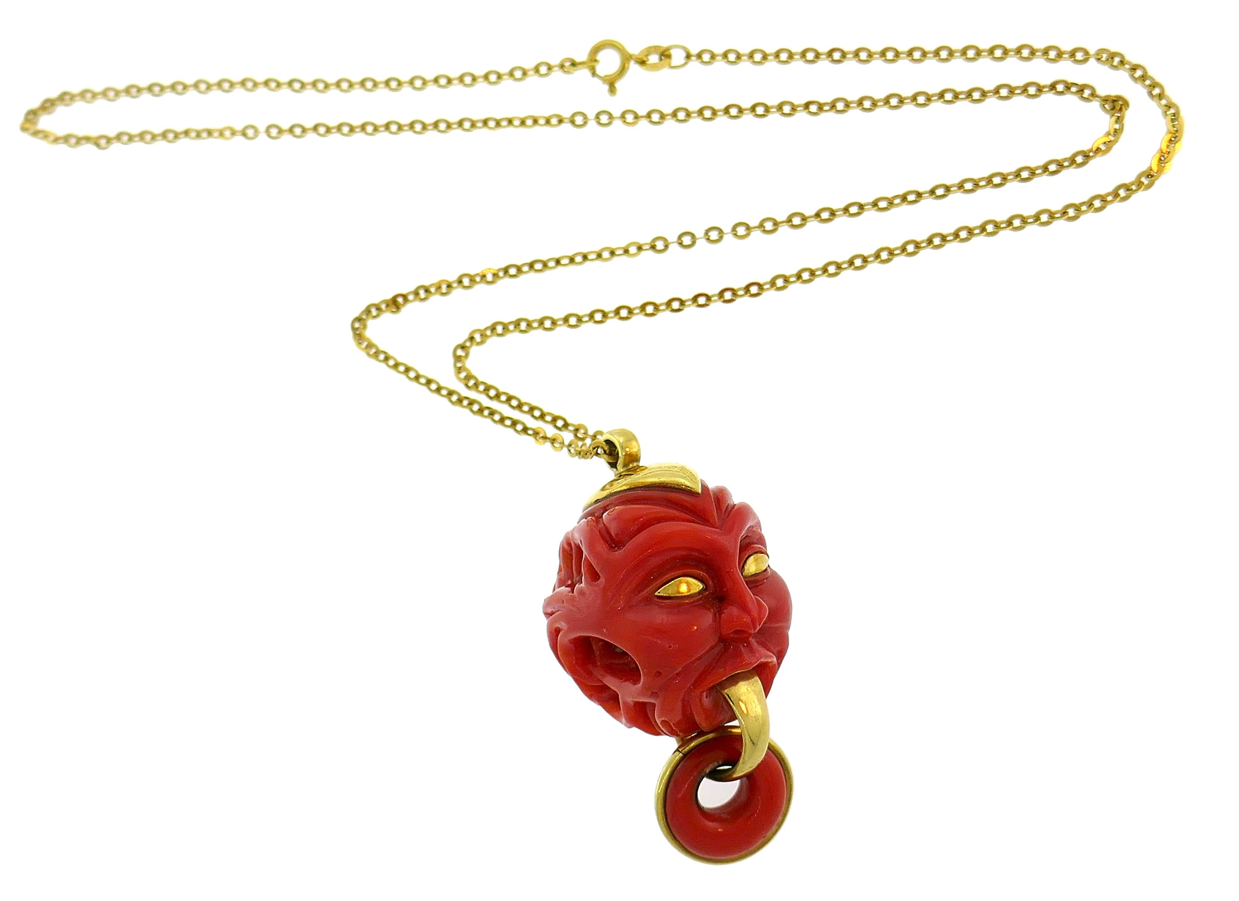 Women's or Men's Vintage Coral Yellow Gold Pendant Necklace