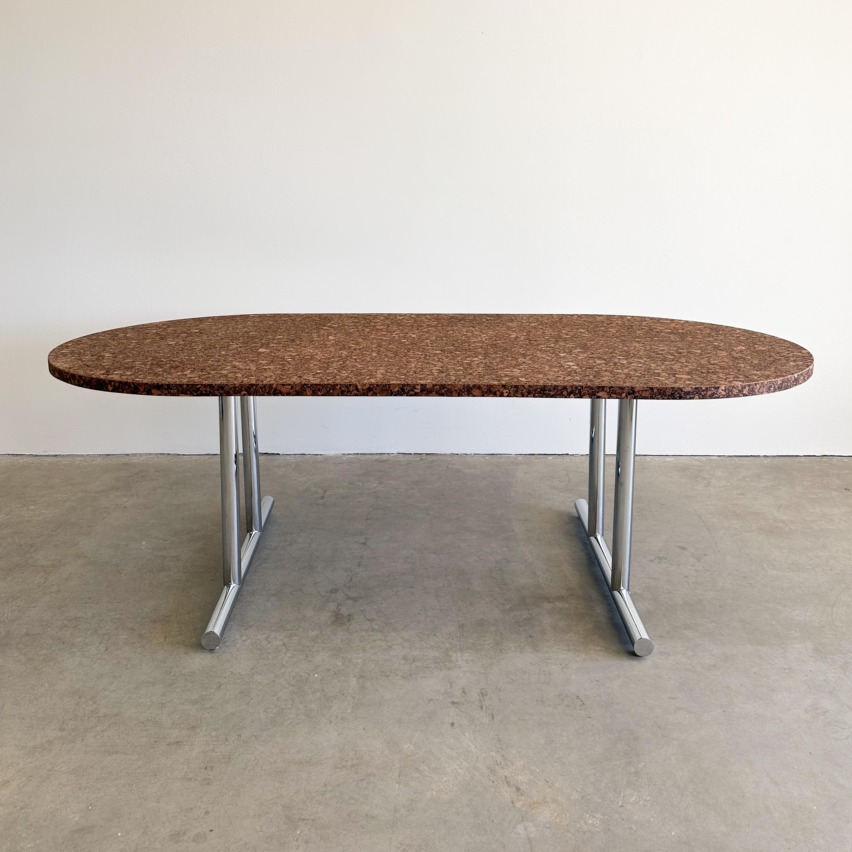 Mid-Century Modern Vintage Cork And Chrome Oval Dining Table Conference Table Desk MCM Minimalist  For Sale