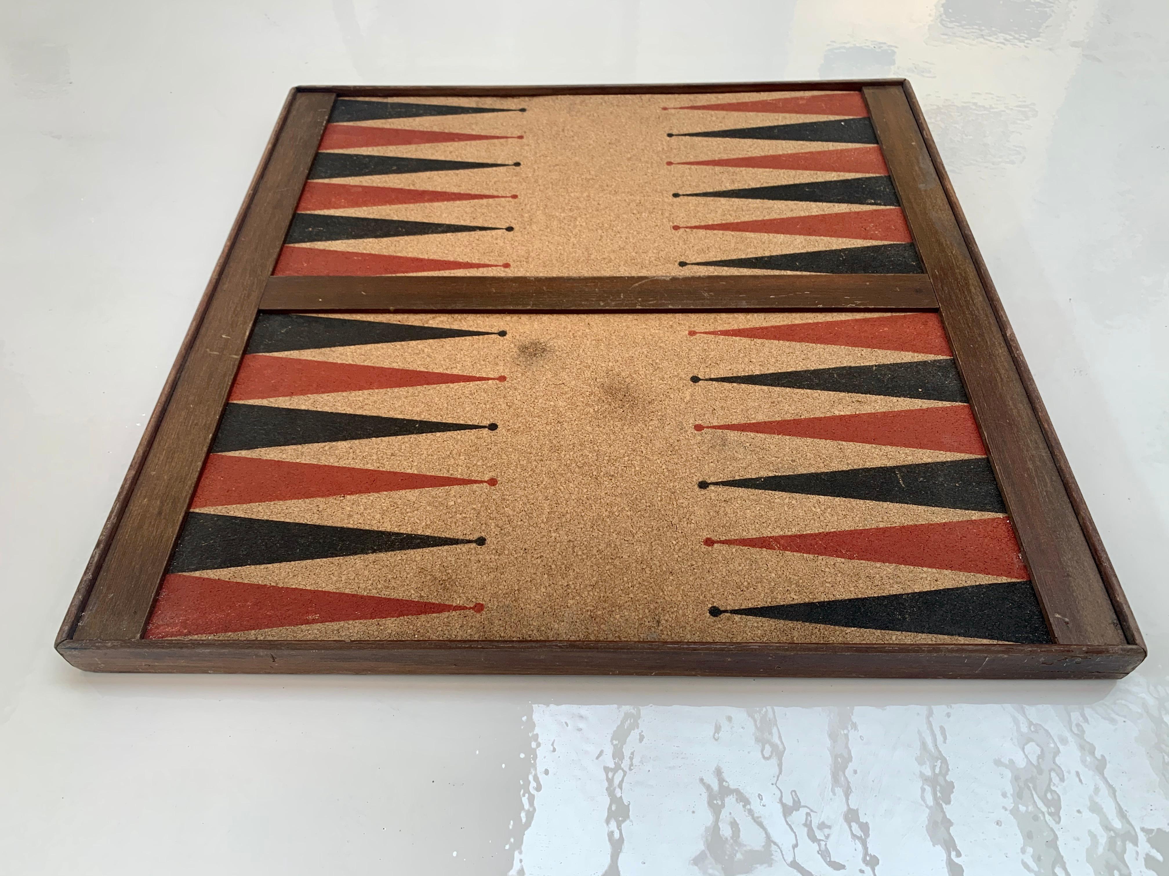 Mid-20th Century Vintage Cork and Wood Backgammon/ Chess Board