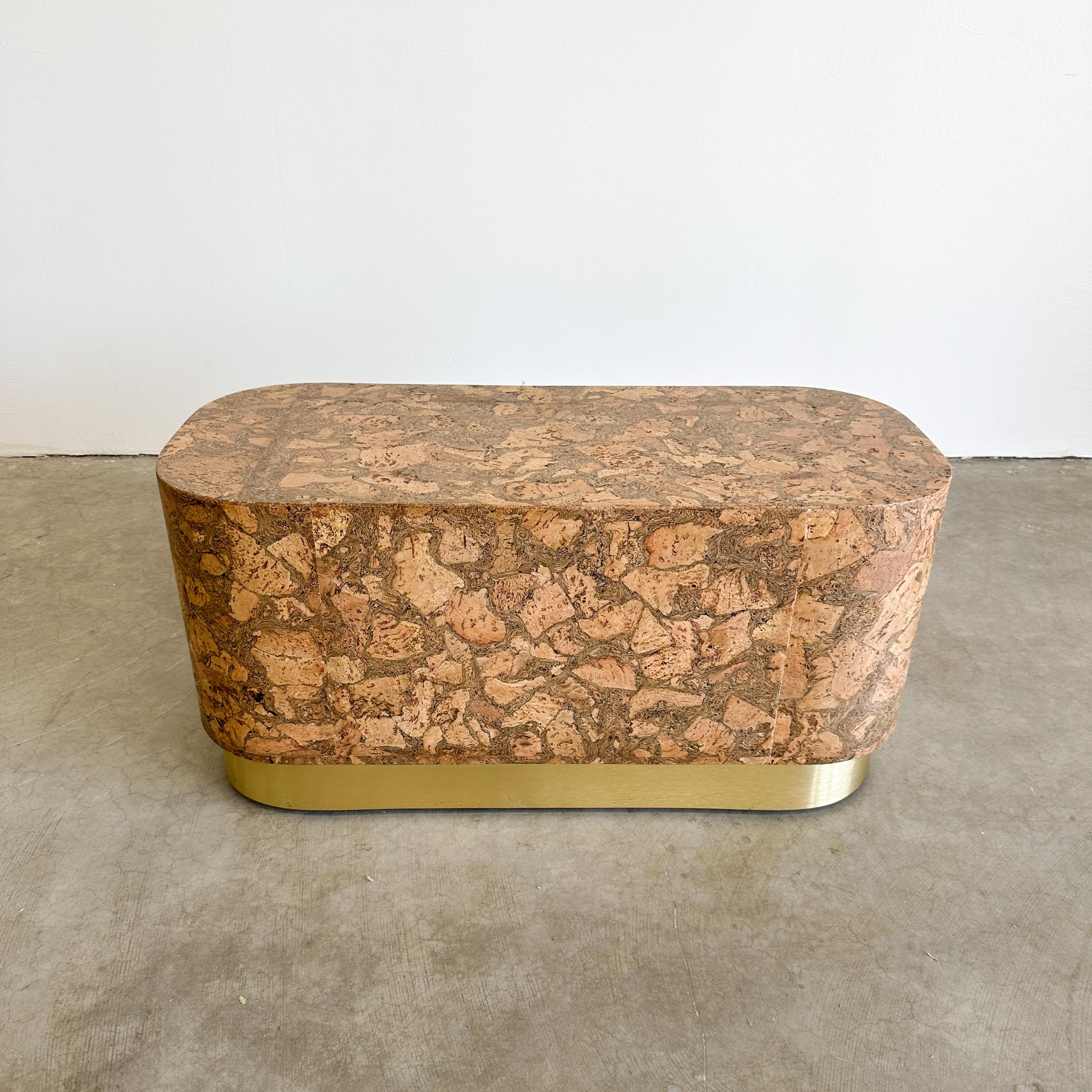 Vintage Cork Coffee Table With Brushed Brass Trim Postmodern Burlwood  In Good Condition In Palm Desert, CA