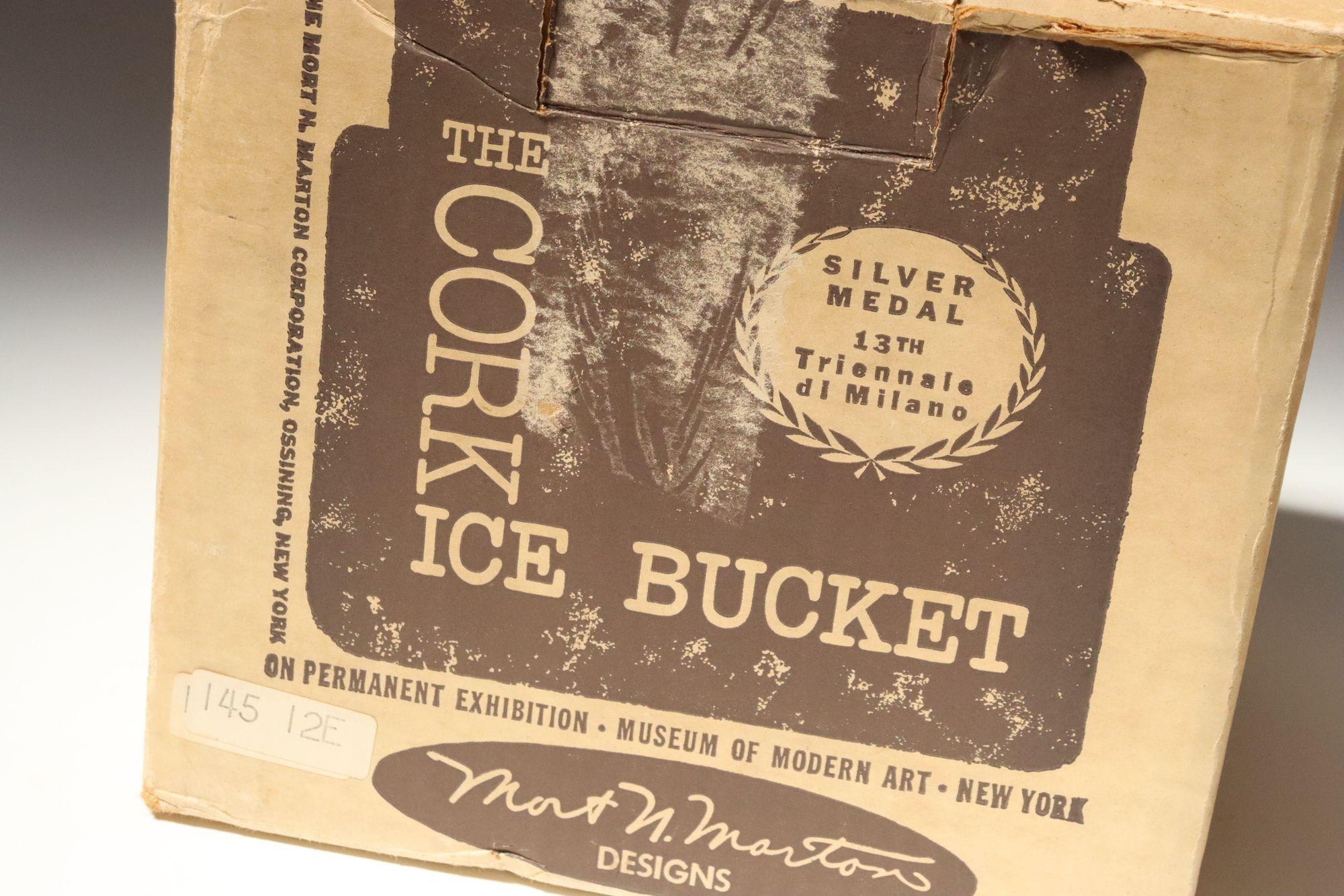 Seau à glace vintage en liège avec insert en verre au lait par Mort Marton - Inutilisé avec boîte en vente 5