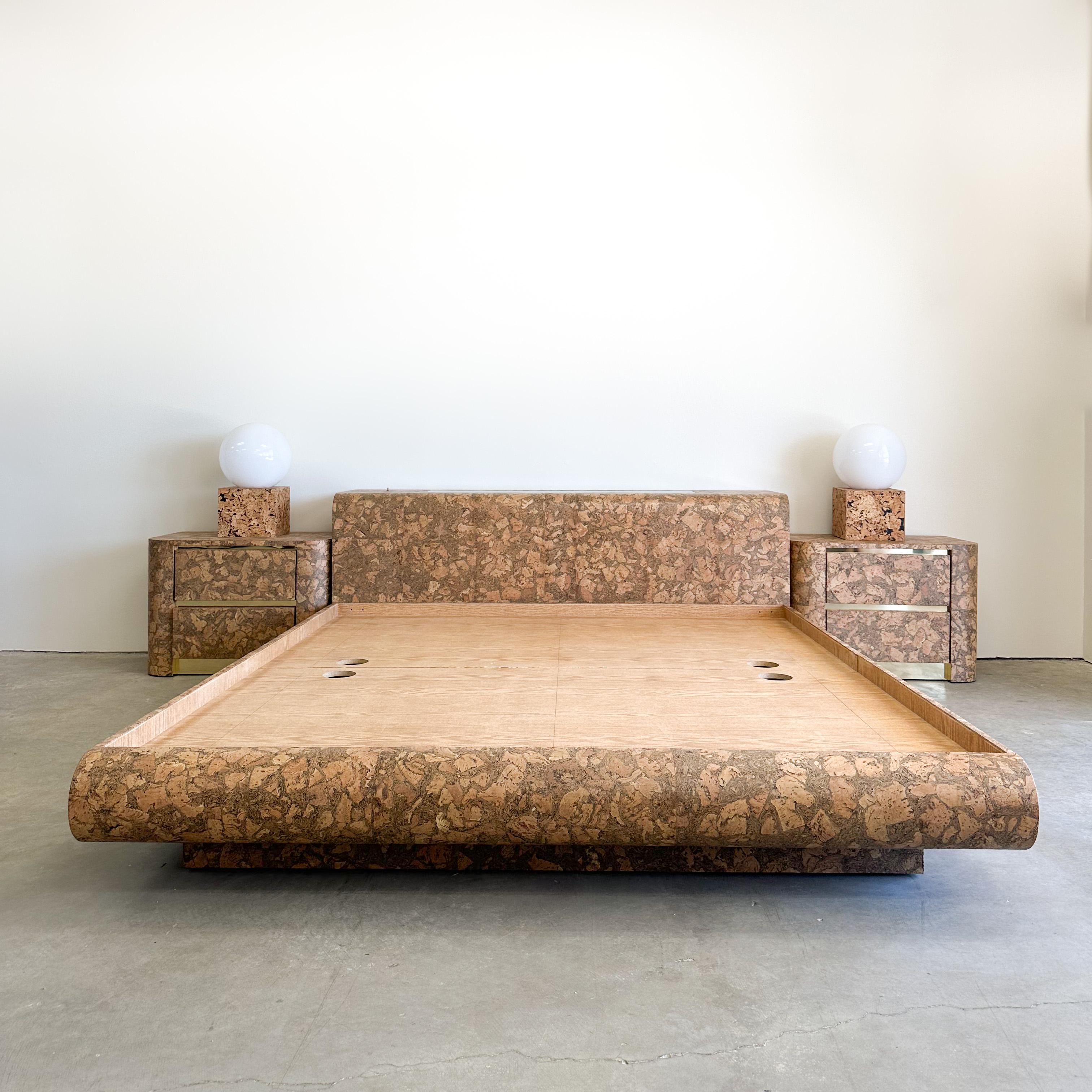 Vintage California King Cork Platform Bed & Headboard.  

Very rare cork vintage platform bed. The headboard has a black glass top inlay. The front edge has a bullnose detail. 
Very special.  

Color: Natural Cork 

Measurements: 
Length: 106 1/4