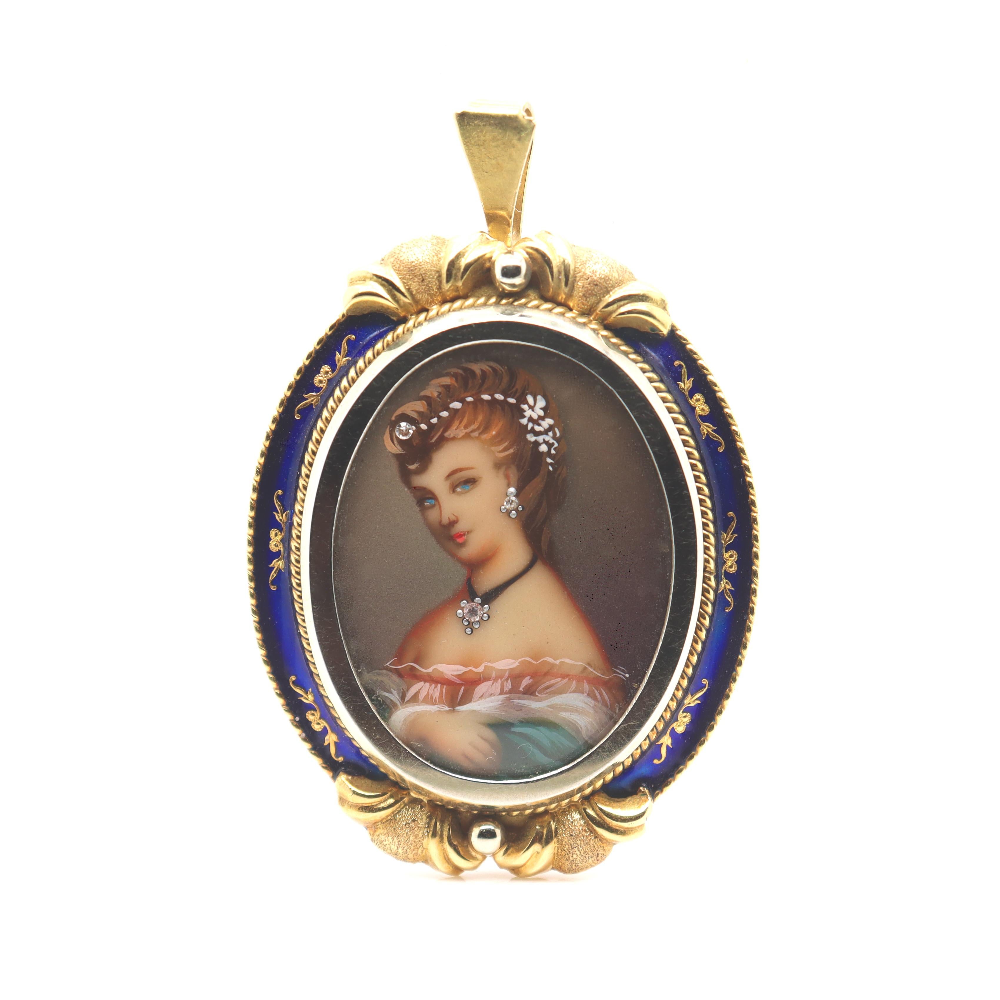 A fine miniature portrait convertible brooch & pendant.

By Oreste Giovanni Corletto.

In 18k yellow gold with a cobalt blue enamel border.

The portrait miniature depicts a fine Victorian lady in 3/4 profile. She is adorned with what appear to be 3