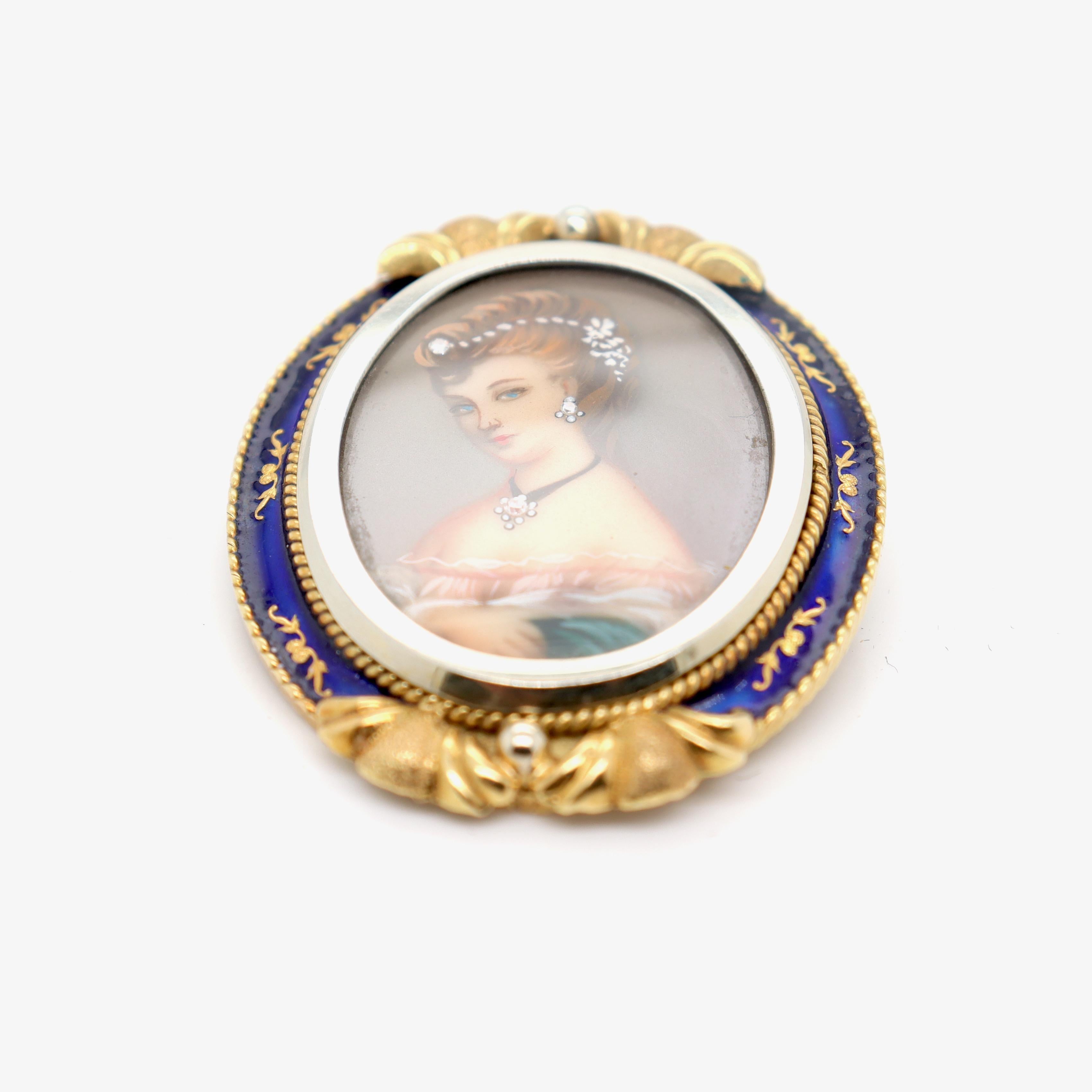 Vintage Corletto 18K Gold & Blue Enamel Portrait Miniature Brooch or Pendant In Good Condition For Sale In Philadelphia, PA