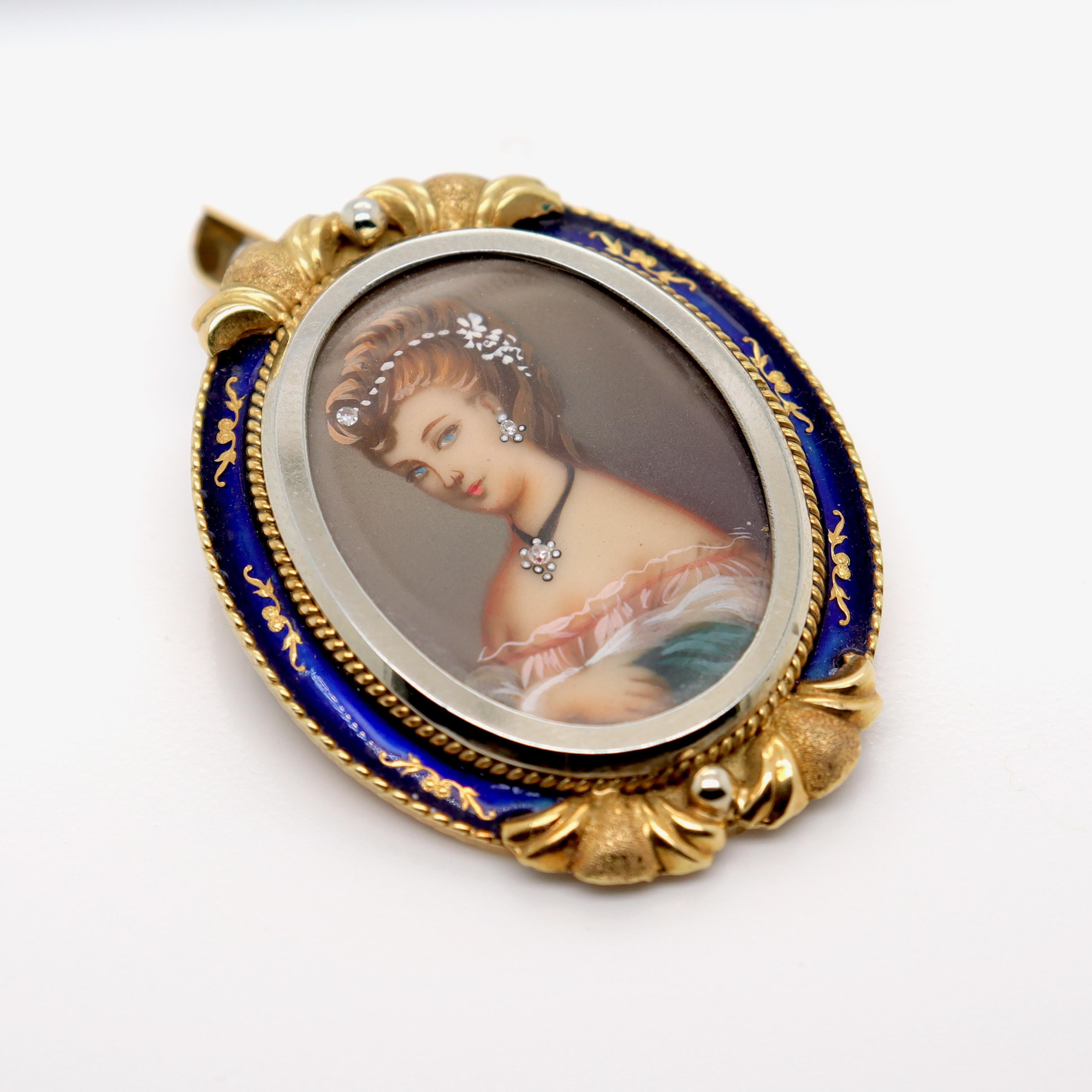 Women's Vintage Corletto 18K Gold & Blue Enamel Portrait Miniature Brooch or Pendant For Sale