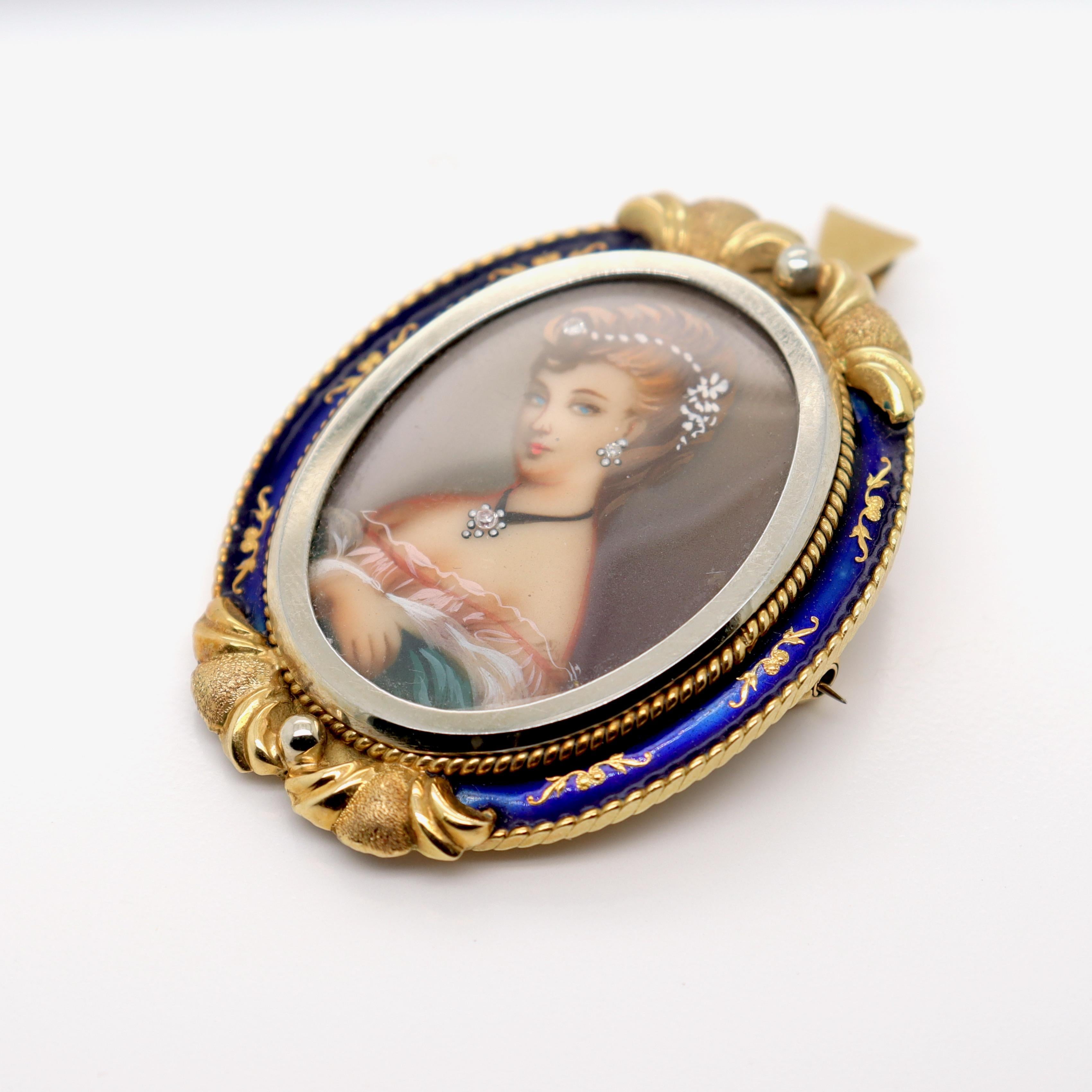 Vintage Corletto 18K Gold & Blue Enamel Portrait Miniature Brooch or Pendant For Sale 1