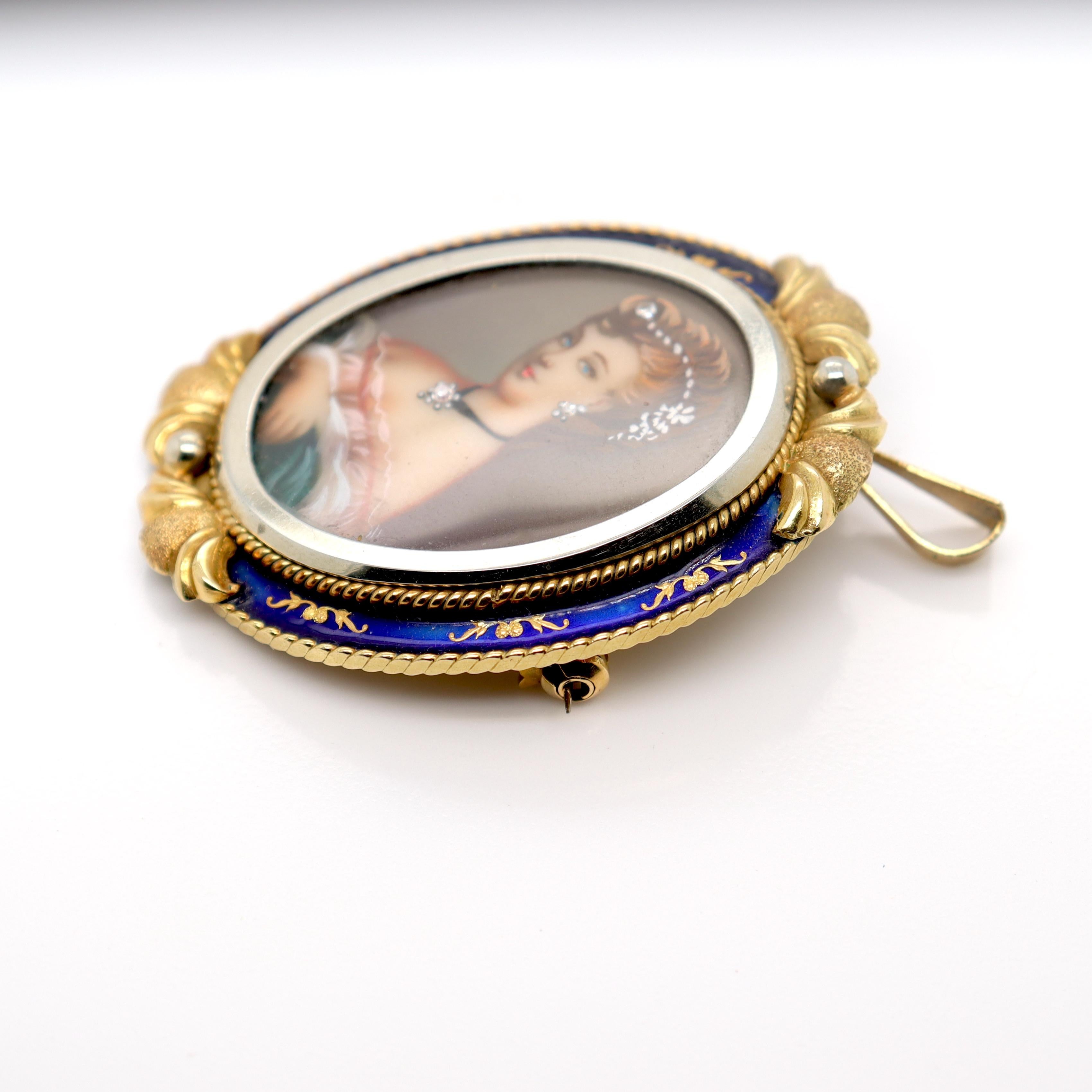 Vintage Corletto 18K Gold & Blue Enamel Portrait Miniature Brooch or Pendant For Sale 2