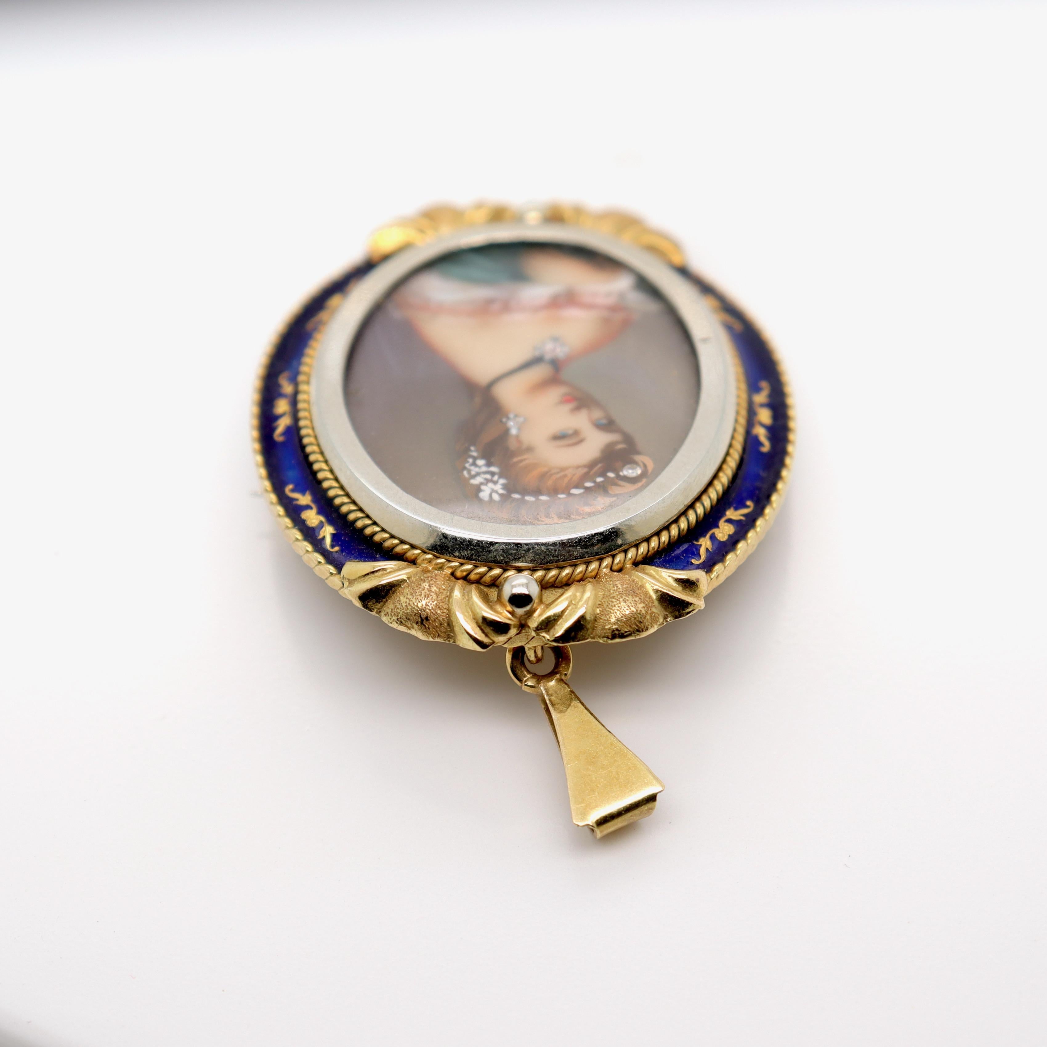 Vintage Corletto 18K Gold & Blue Enamel Portrait Miniature Brooch or Pendant For Sale 3