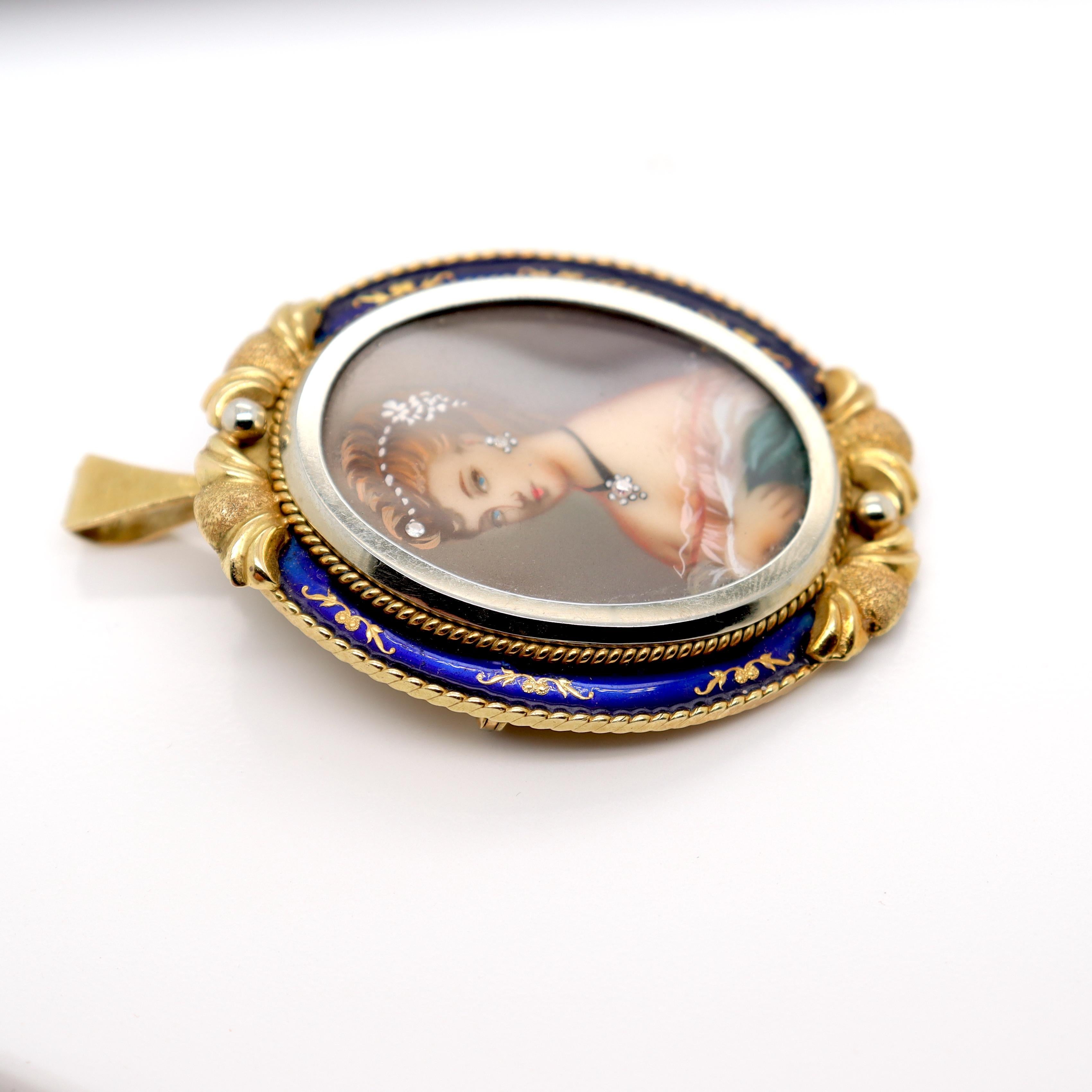 Vintage Corletto 18K Gold & Blue Enamel Portrait Miniature Brooch or Pendant For Sale 4