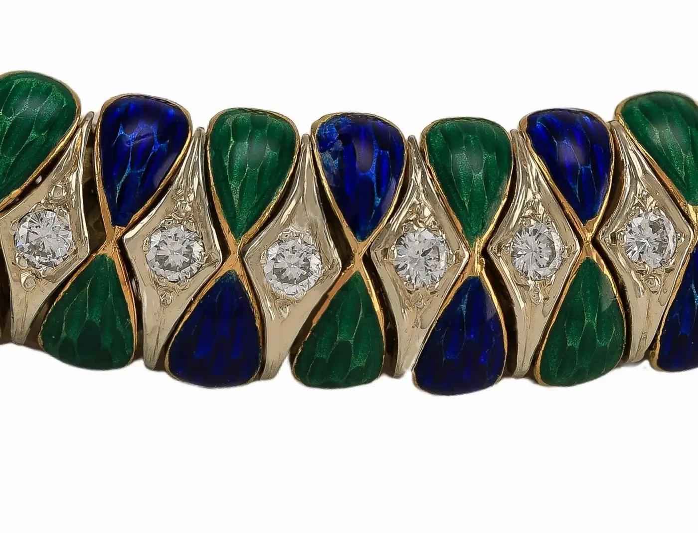 Taglio rotondo Bracciale d'epoca Corletto con smalto e diamanti in oro massiccio 18 carati in vendita