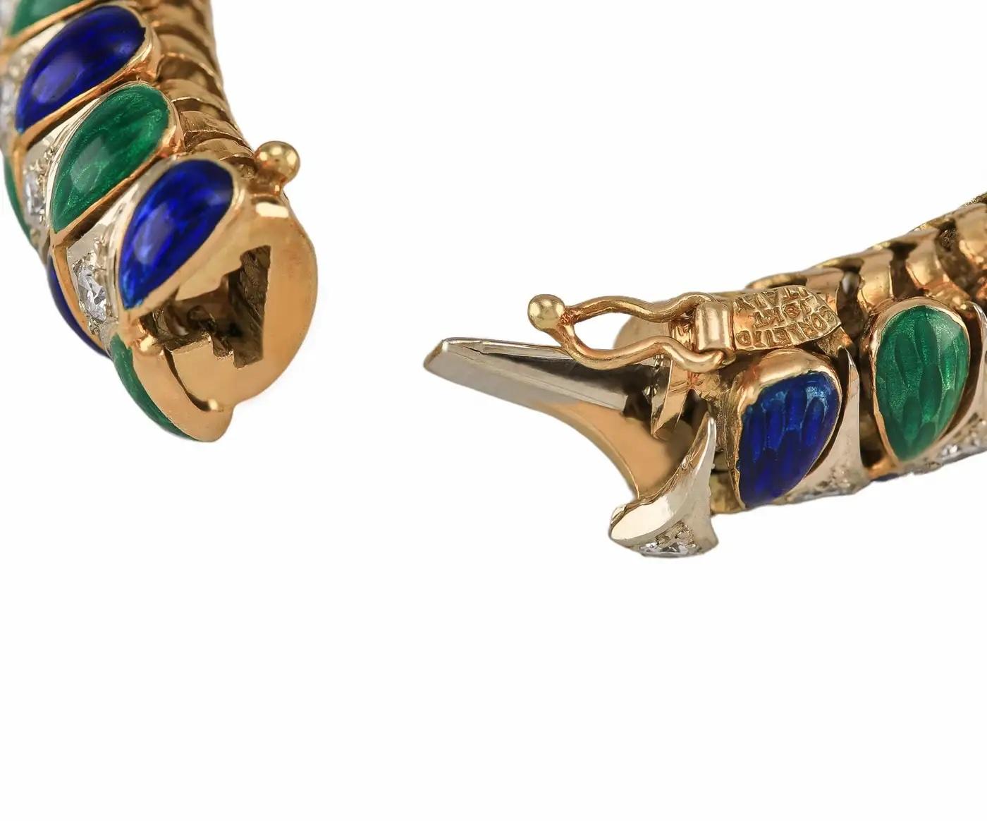 Bracciale d'epoca Corletto con smalto e diamanti in oro massiccio 18 carati In condizioni ottime in vendita a Great Neck, NY