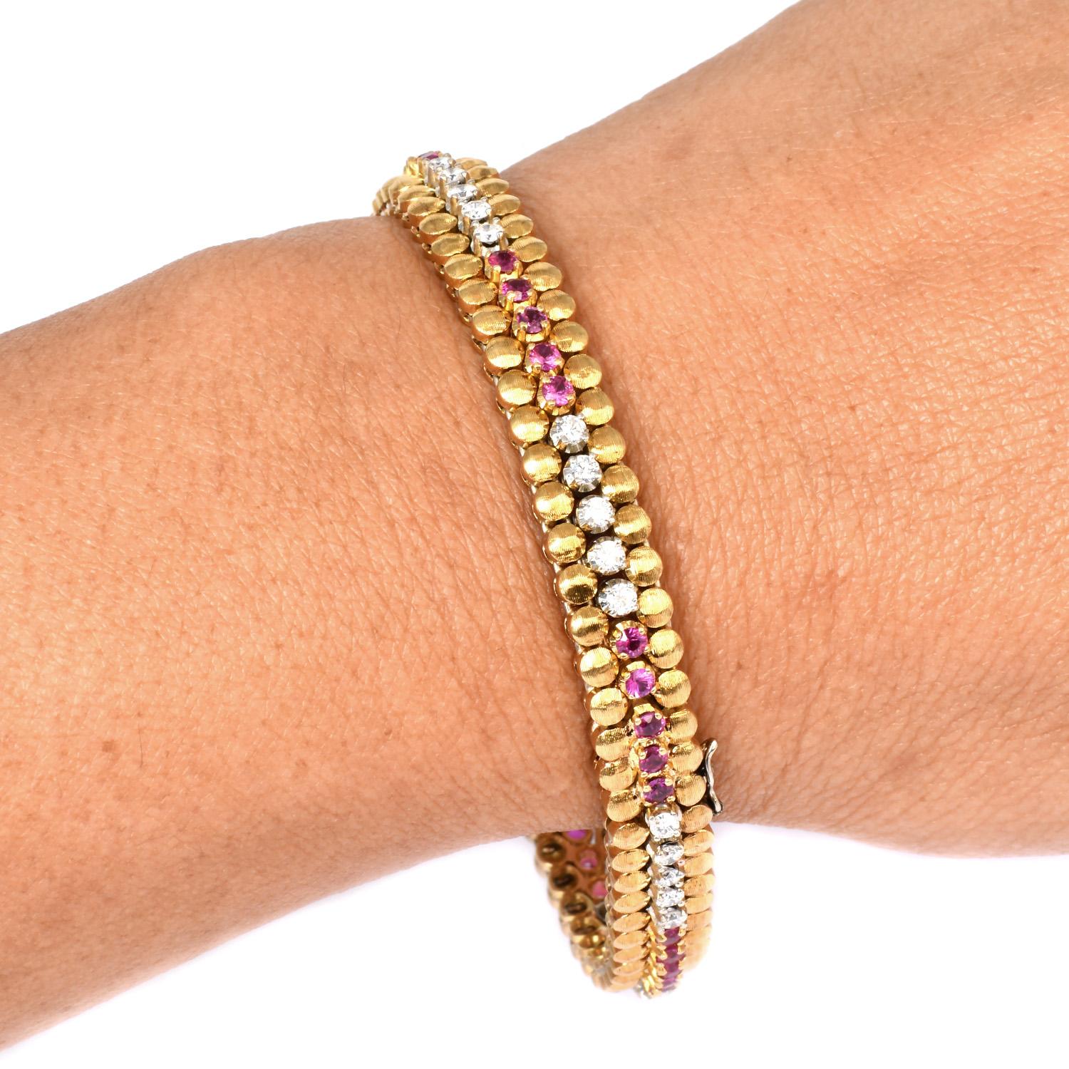 Vintage Corletto Italian Diamond Ruby 18K Yellow Gold Bead Link