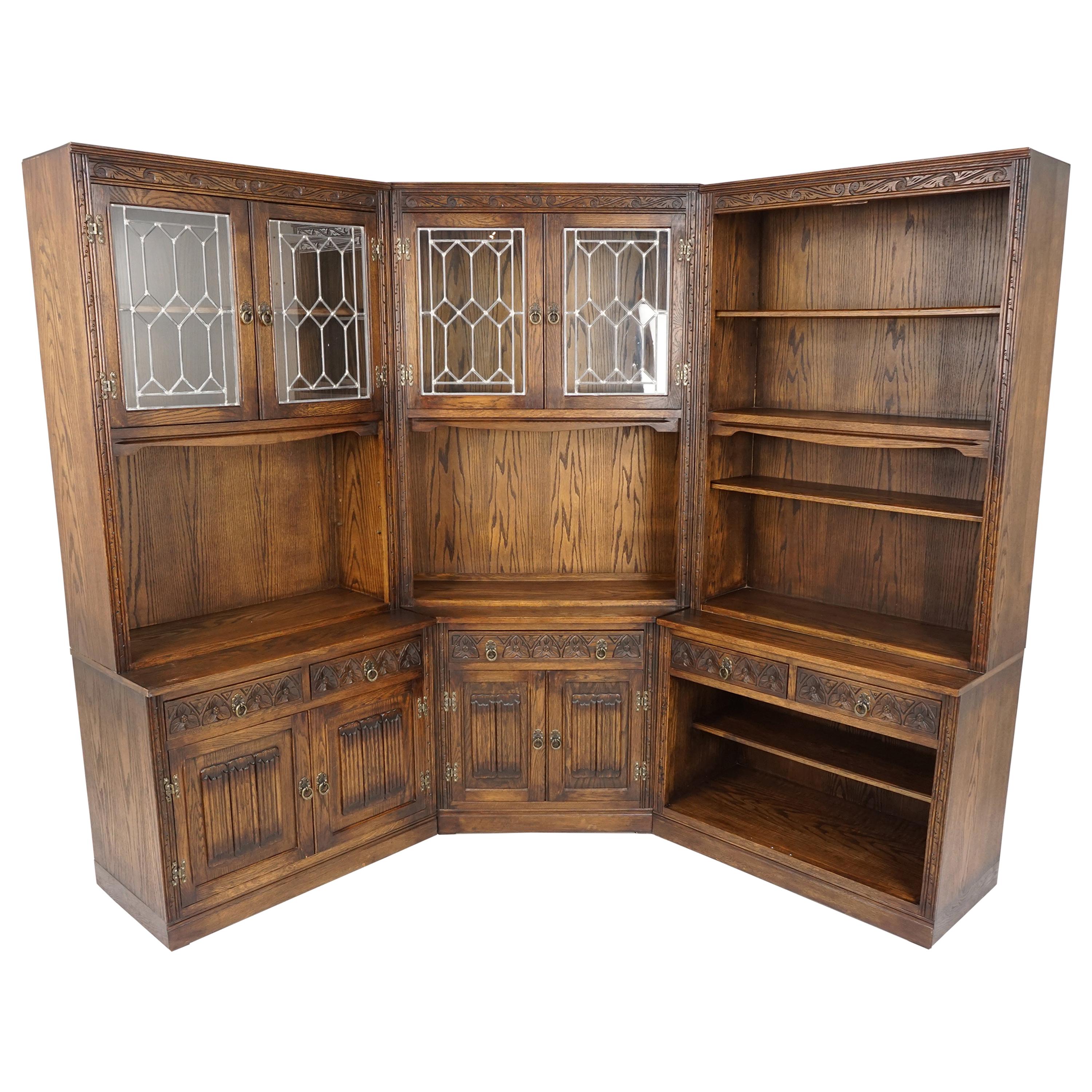 Vintage Corner Cabinet, 3 Piece, Oak, Linen Fold, Bookcase, Scotland 1950, H284