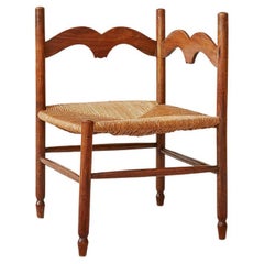 Vintage Corner Chair in Oak with Rush Seat, France Late 20th-Century