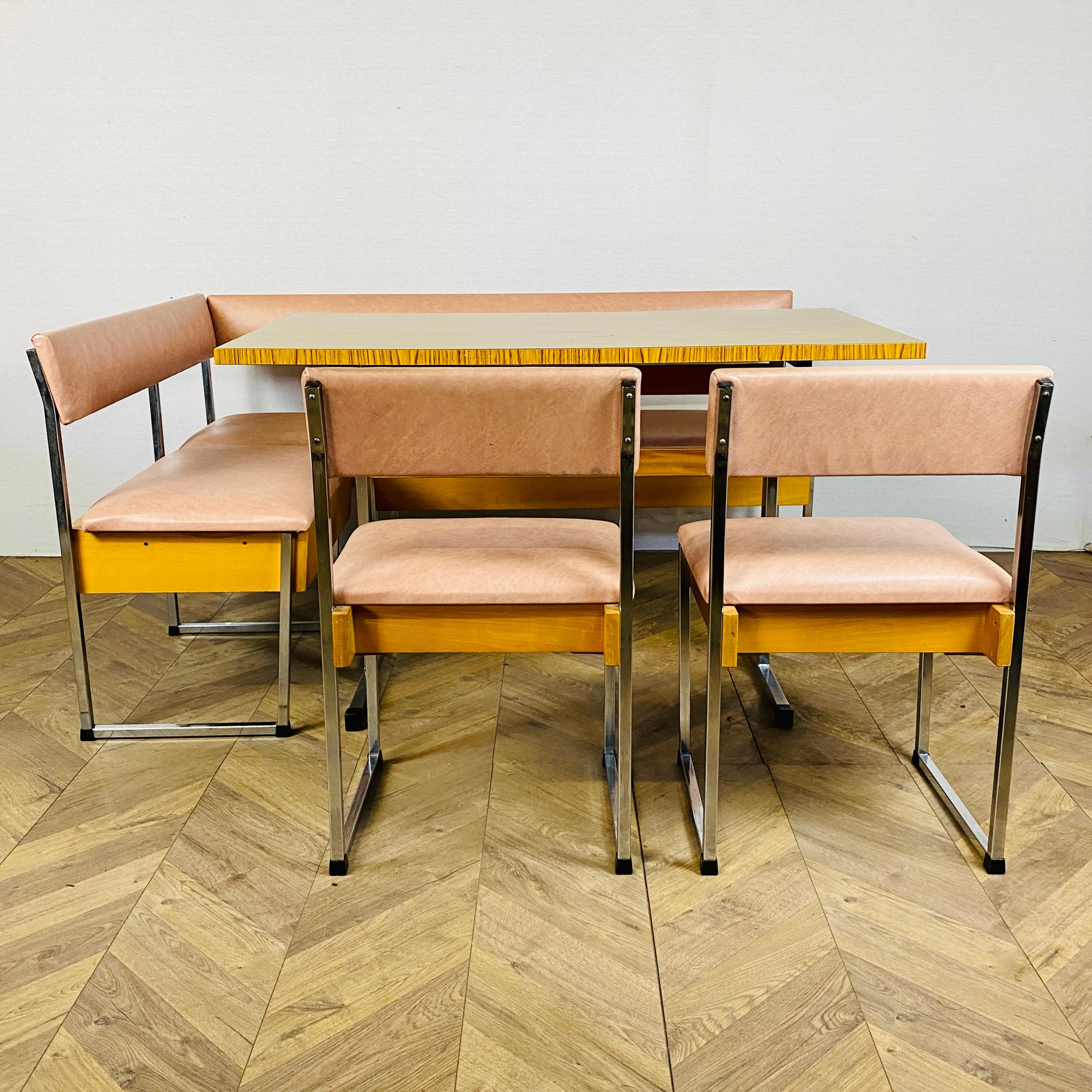 Mid-Century Modern Vintage Corner Dining Set - Table + Banquette Seating + 2 Chairs, 1970s