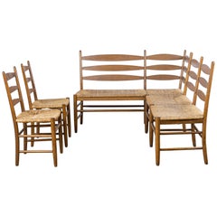 Vintage Corner Seat Set in Oak and Woven Rush Seat