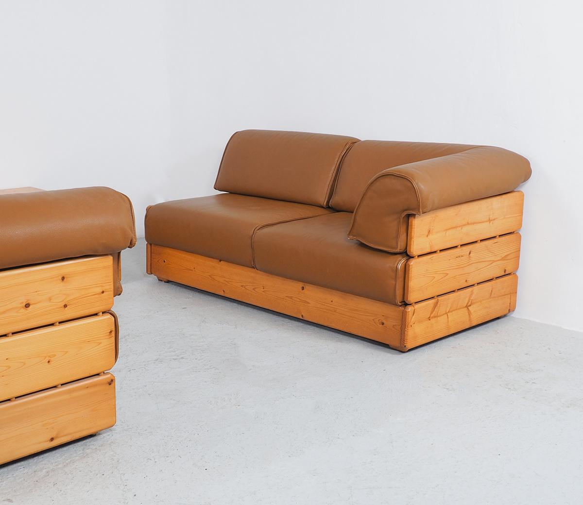 Vintage Corner Sofa with Coffee Table in Pinewood and Leather, 1970s, Set of 3 3