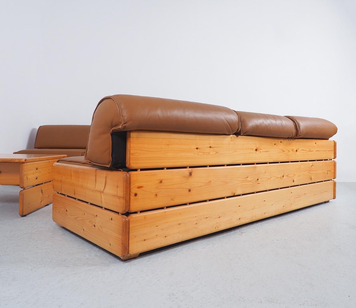 Vintage Corner Sofa with Coffee Table in Pinewood and Leather, 1970s, Set of 3 4