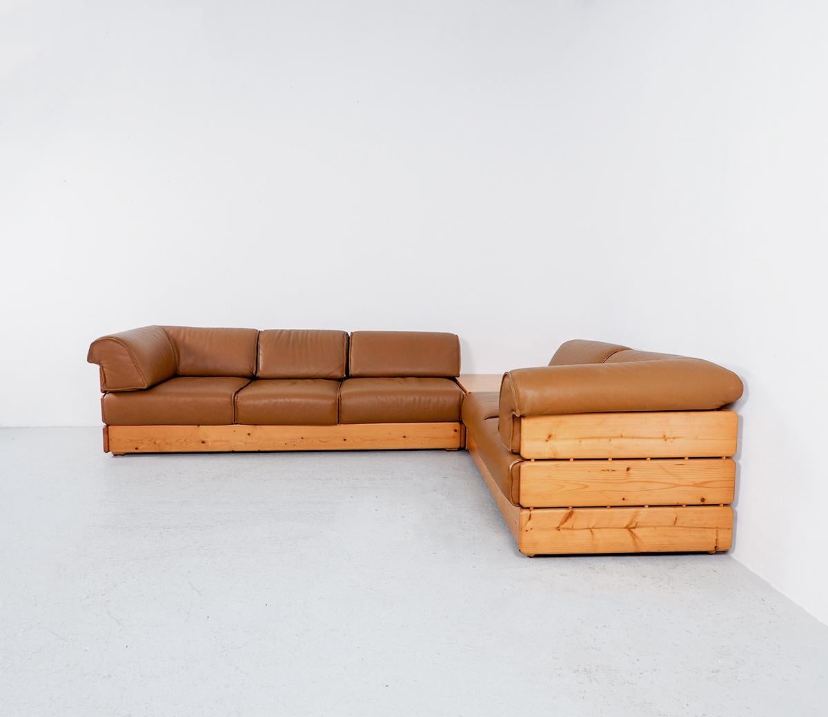 Scandinavian Modern Vintage Corner Sofa with Coffee Table in Pinewood and Leather, 1970s, Set of 3