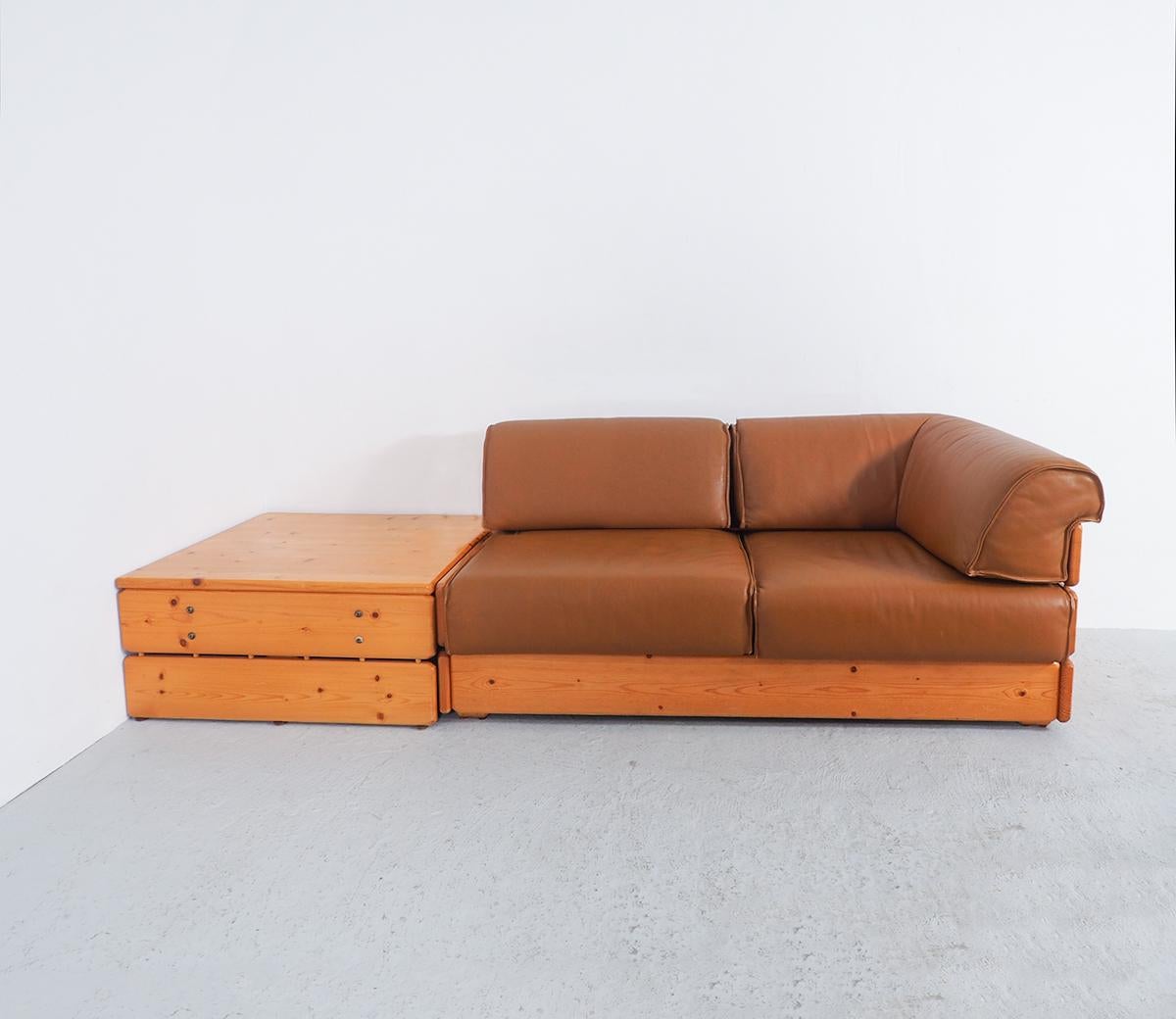 Dutch Vintage Corner Sofa with Coffee Table in Pinewood and Leather, 1970s, Set of 3