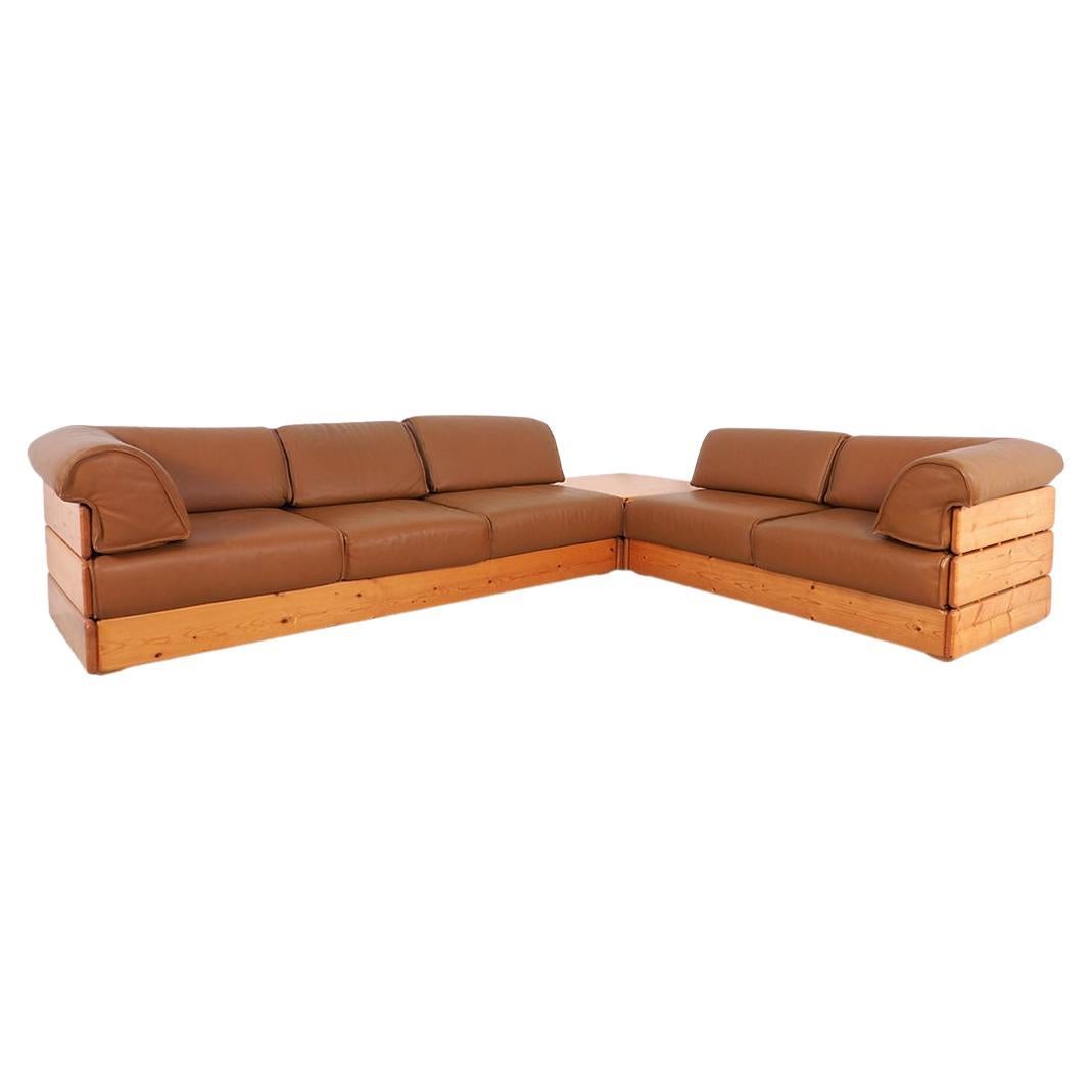 Vintage Corner Sofa with Coffee Table in Pinewood and Leather, 1970s, Set of 3