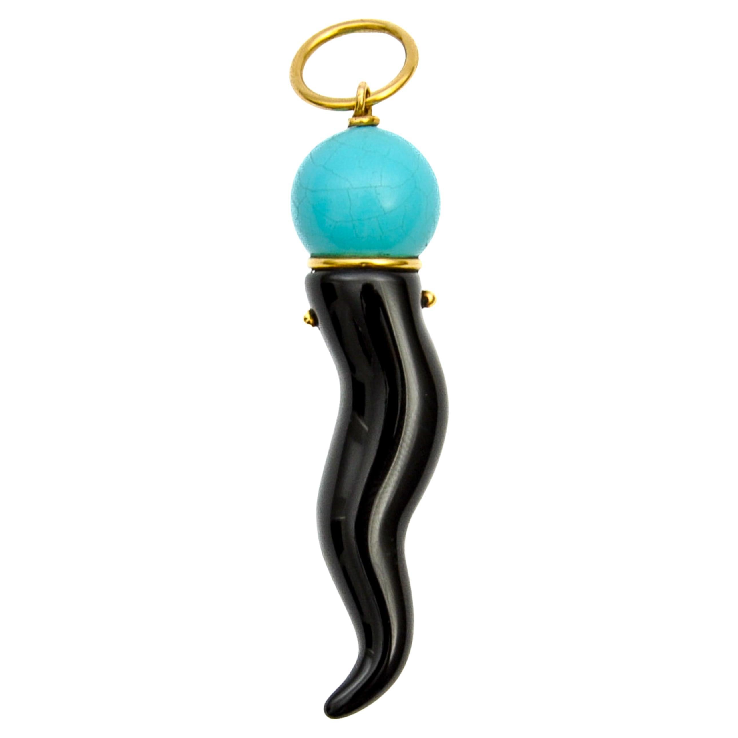 Vintage Onyx and Turquoise Italian Horn Pendant For Sale