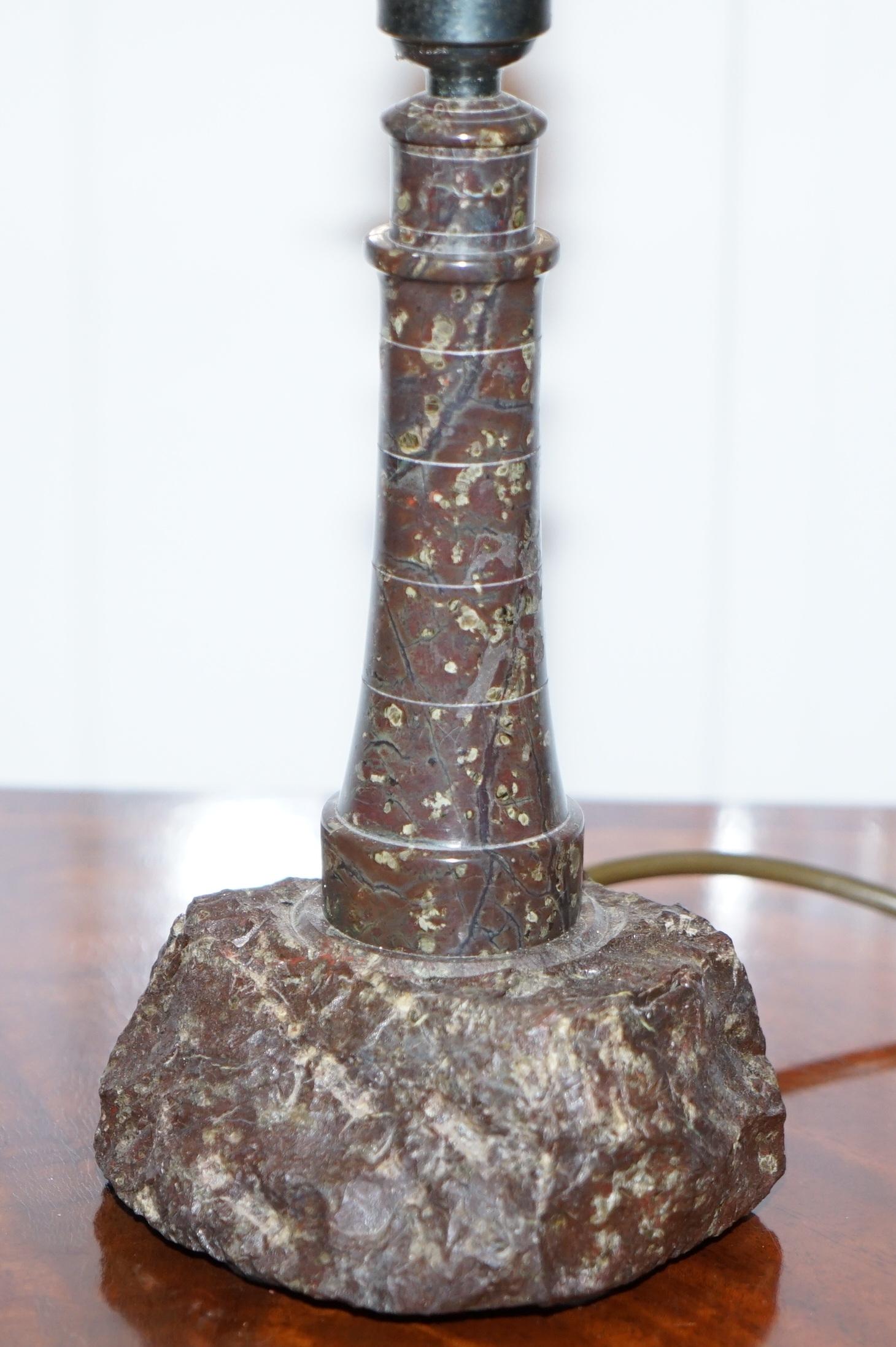 Modern Vintage Cornish Serpentine Marble Lighthouse Table Lamp with Bakelite Fitting For Sale