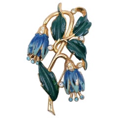 Vintage Coro Blue Green Tulips Enamel Brooch 1940's