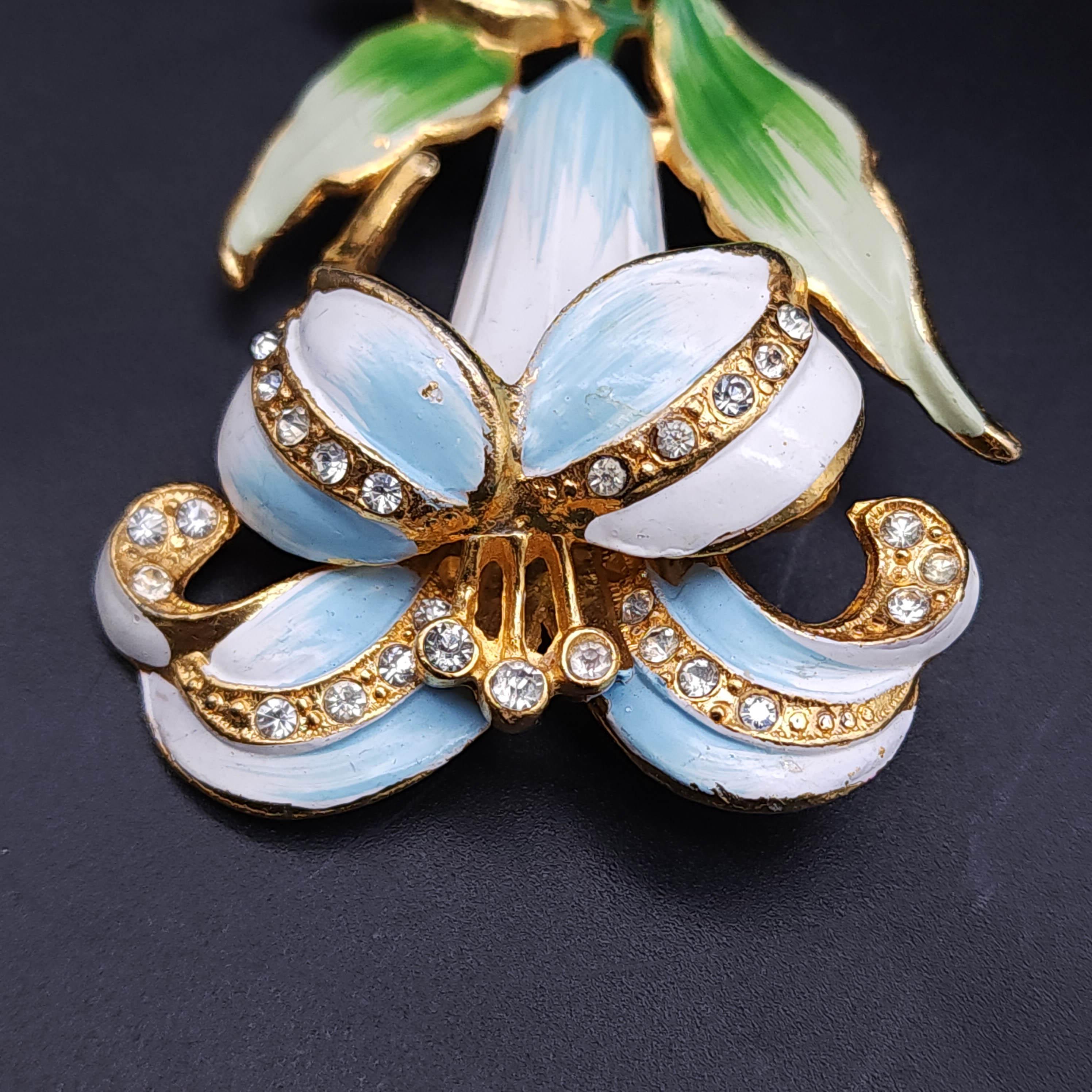 Retro Vintage Coro Flower Pin Brooch, Green White Blue Enamel and Crystals, Gold For Sale