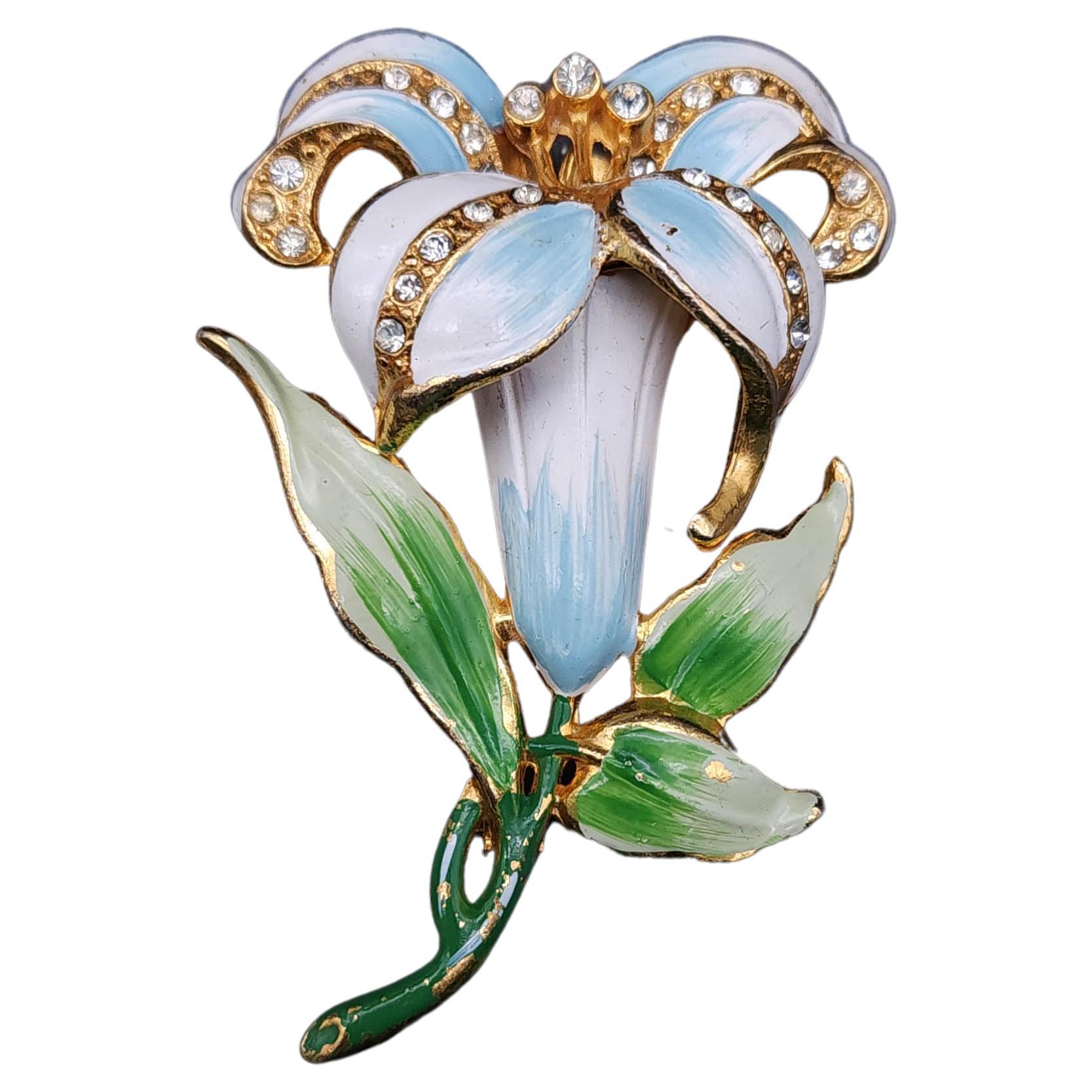 Vintage Coro Flower Pin Brooch, Green White Blue Enamel and Crystals, Gold For Sale