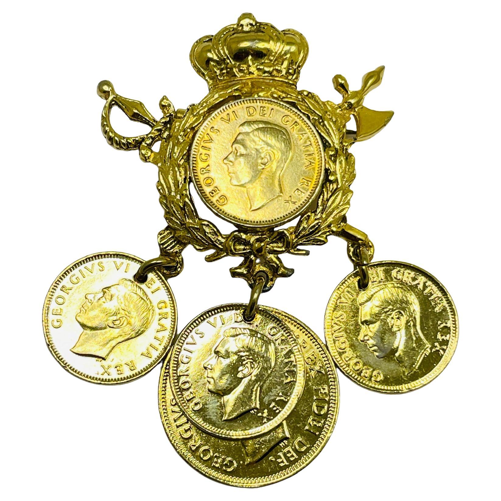 Vintage CORO gold crown sword coin dangle designer brooch For Sale