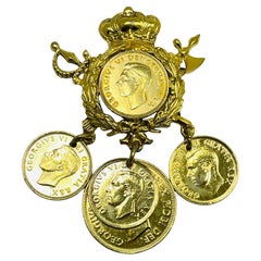 Vintage CORO gold crown sword coin dangle designer brooch